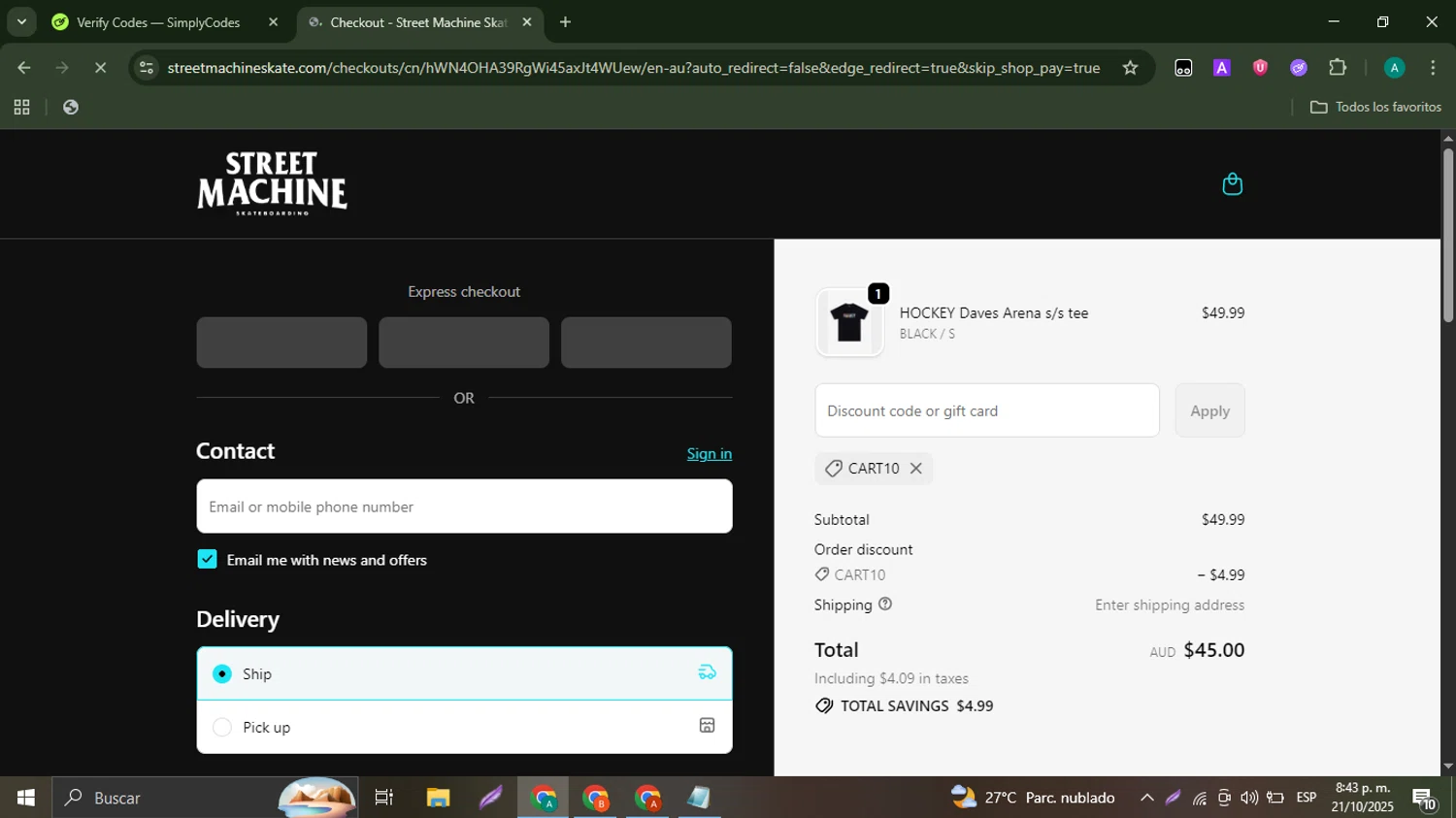 Street Machine Skate promo code screenshot showing code CART10 applied at Street Machine Skate checkout page. Uploaded by SimplyCodes community member ThriftyMaverick3223 on Oct 22, 2025