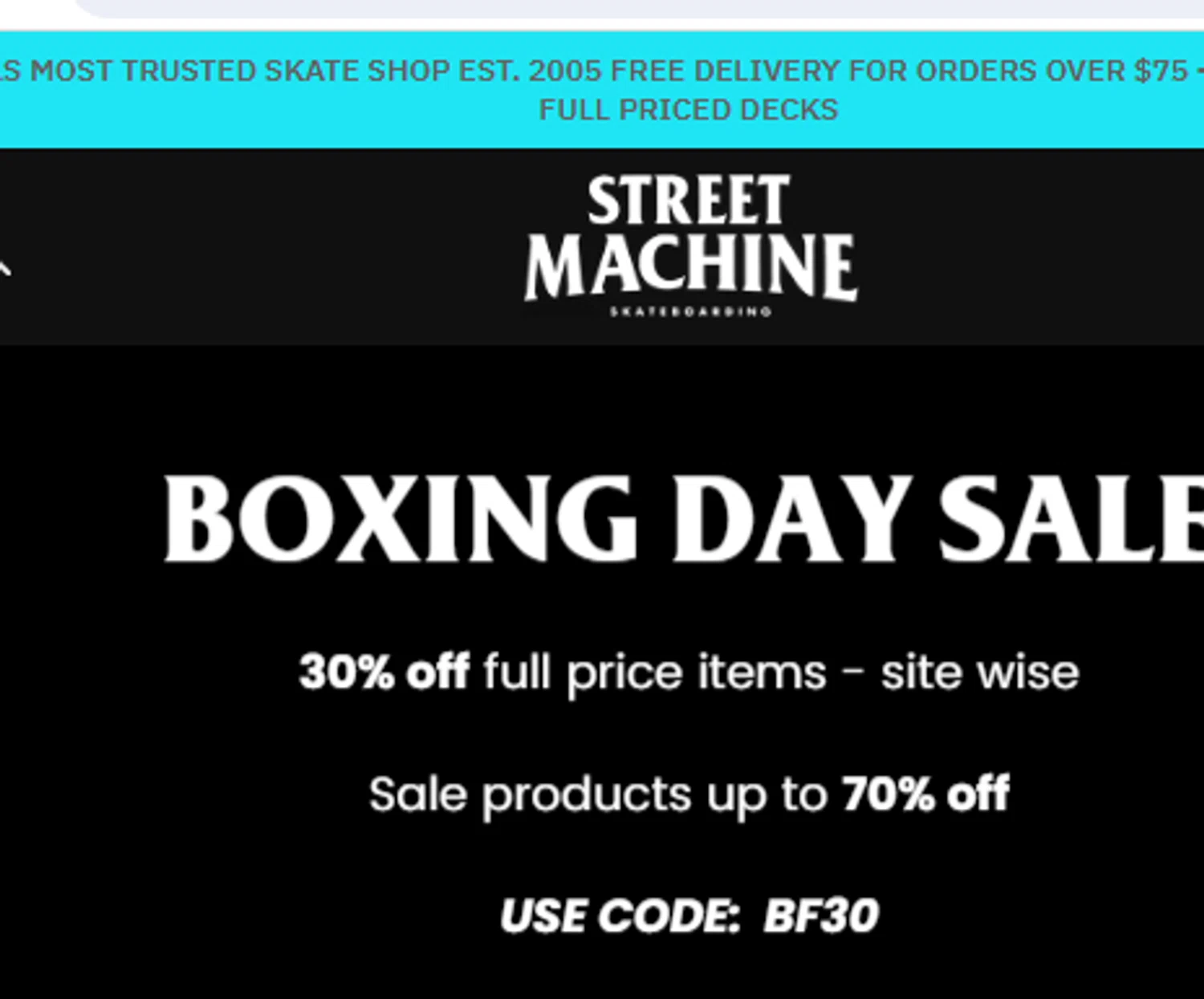 Street Machine Skate promo code screenshot showing code BOX30 applied at Street Machine Skate checkout page. Uploaded by SimplyCodes community member richarddavid on Dec 25, 2024