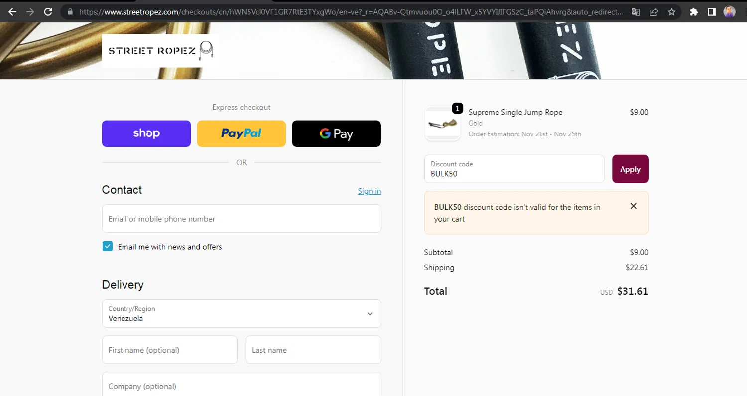 Street Ropez! promo code screenshot showing code BULK50 applied at Street Ropez! checkout page. Uploaded by SimplyCodes community member HUNTER1406 on Nov 20, 2025