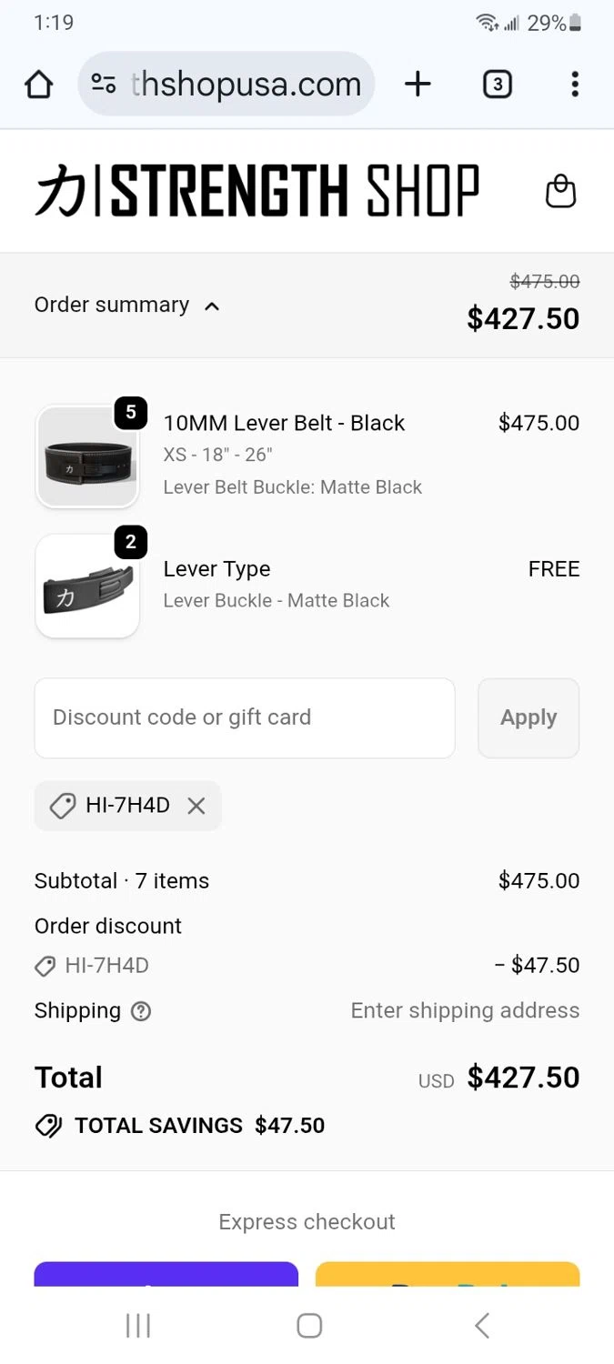 Strength Shop USA promo code screenshot showing code HI-7H4D applied at Strength Shop USA checkout page. Uploaded by SimplyCodes community member CrownGuardian2710 on Oct 6, 2025