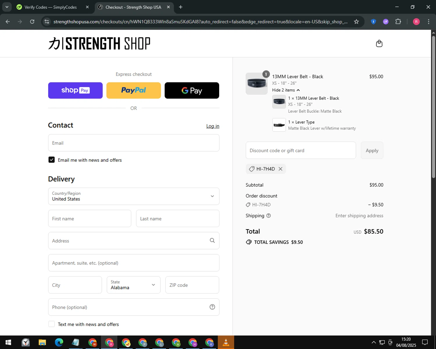 Strength Shop USA promo code screenshot showing code HI-7H4D applied at Strength Shop USA checkout page. Uploaded by SimplyCodes community member ThriftyGuardian8485 on Aug 4, 2025