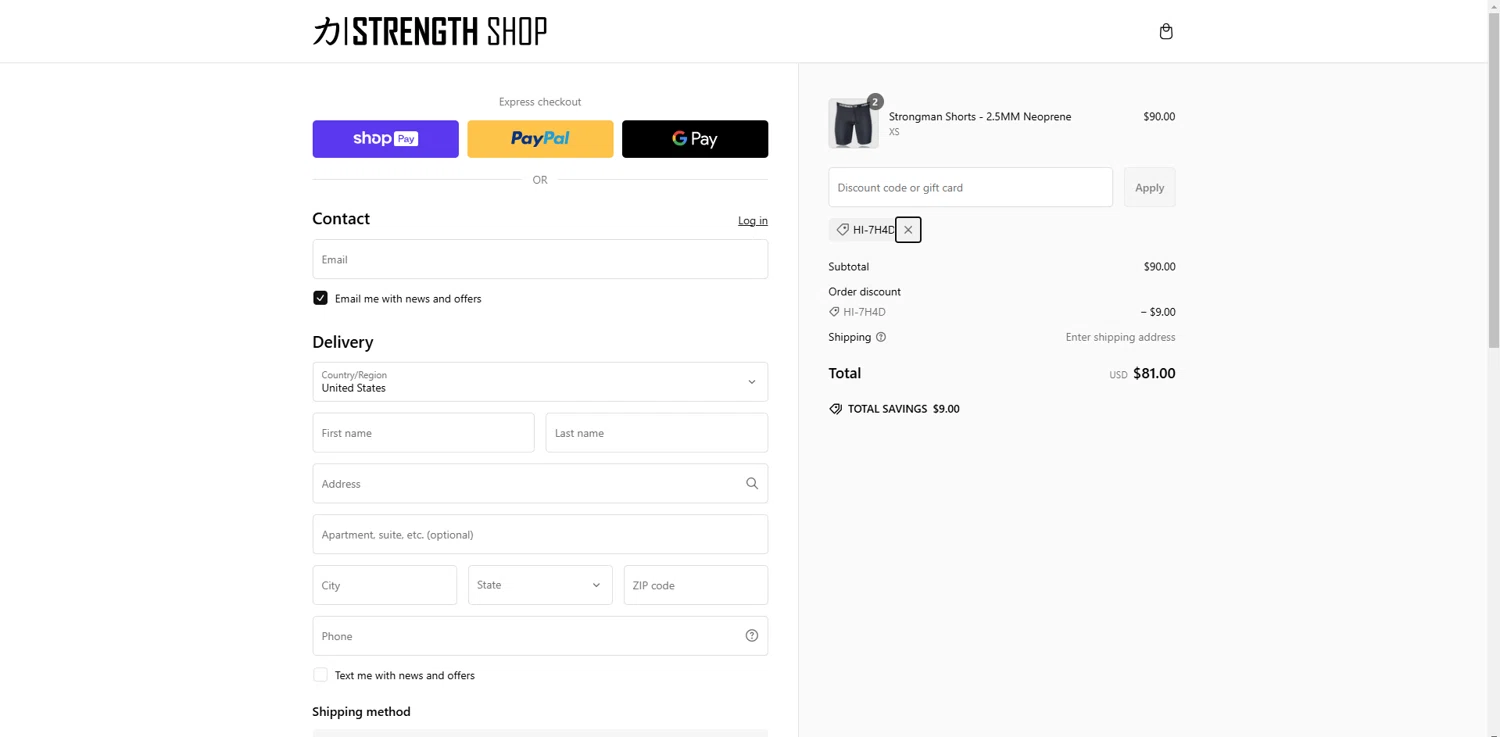 Strength Shop USA promo code screenshot showing code HI-7H4D applied at Strength Shop USA checkout page. Uploaded by SimplyCodes community member EpicTitan8654 on Feb 19, 2025