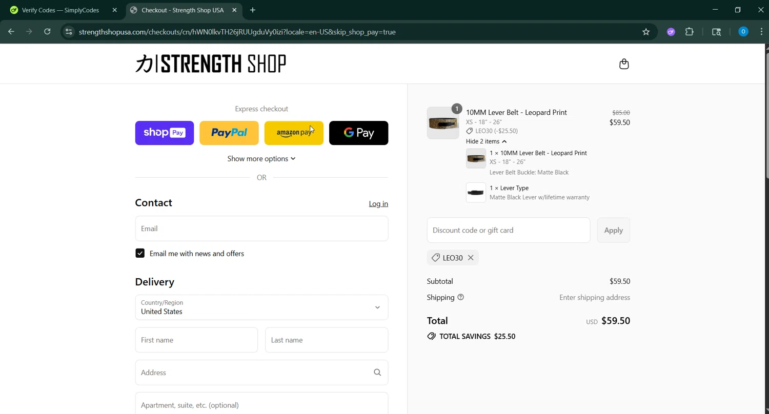 Strength Shop USA promo code screenshot showing code LEO30 applied at Strength Shop USA checkout page. Uploaded by SimplyCodes community member _____________ on Jul 18, 2025