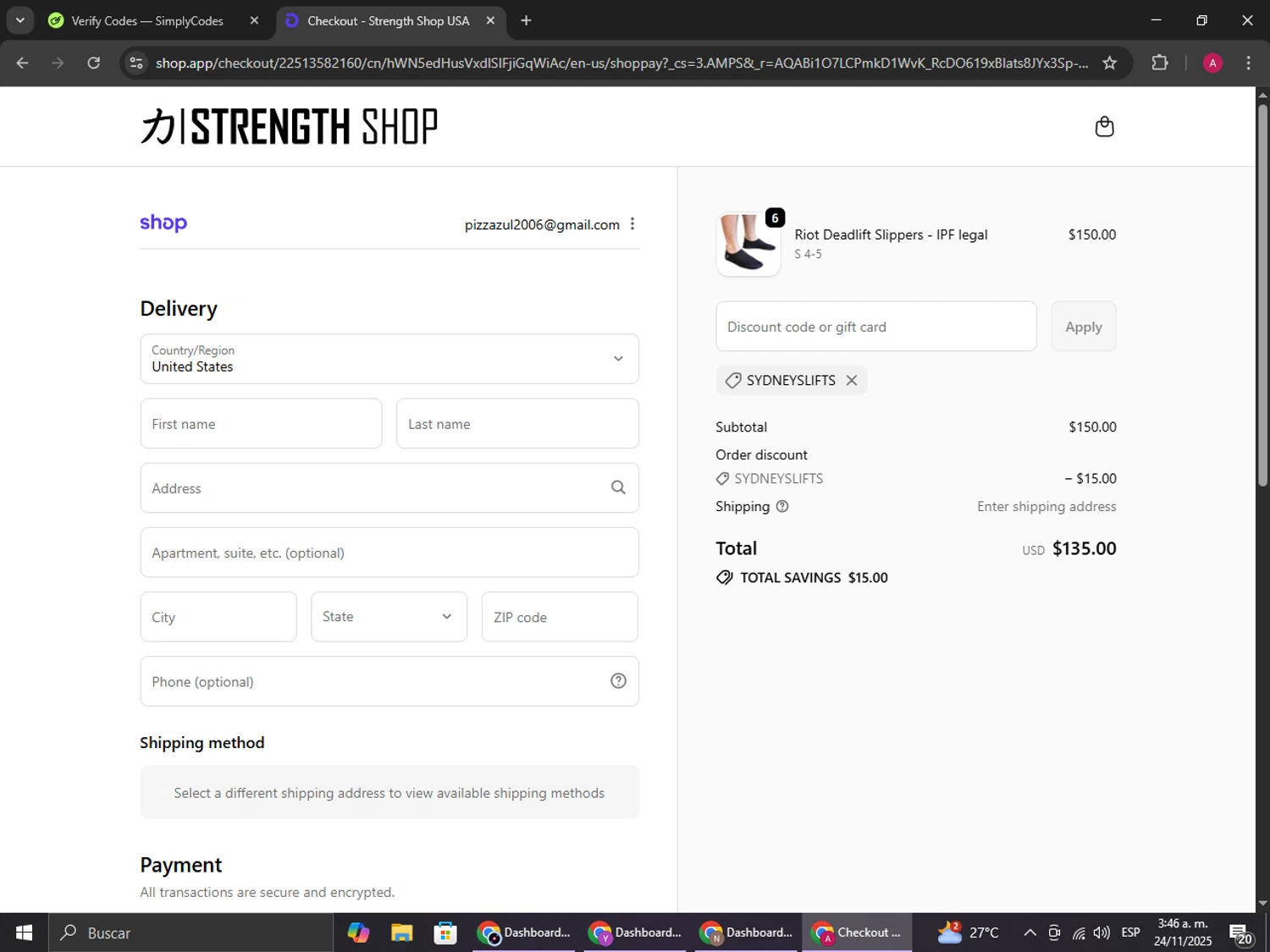 Strength Shop USA promo code screenshot showing code sydneyslifts applied at Strength Shop USA checkout page. Uploaded by SimplyCodes community member BMWGS1200 on Nov 24, 2025