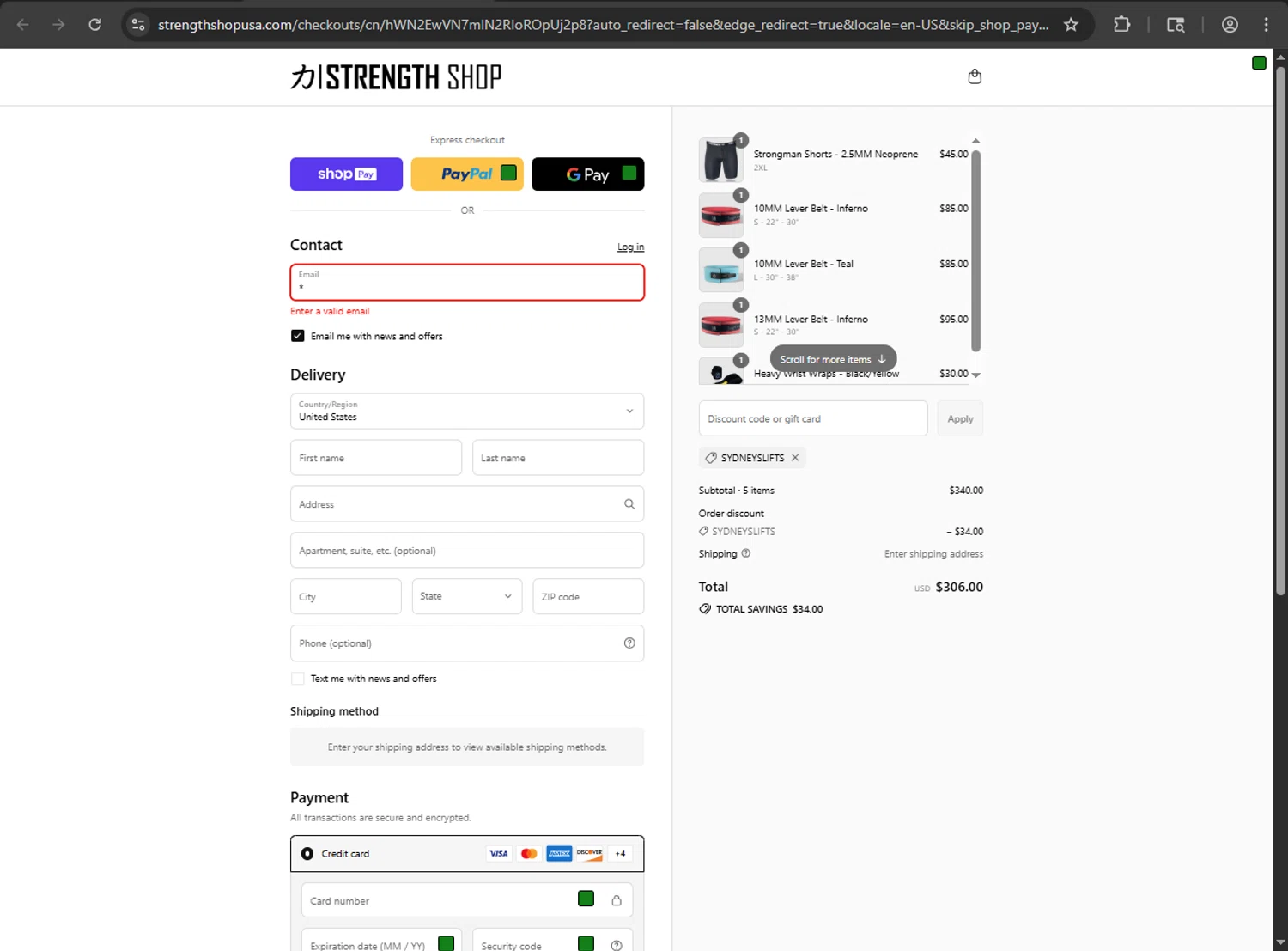 Strength Shop USA promo code screenshot showing code sydneyslifts applied at Strength Shop USA checkout page. Uploaded by SimplyCodes community member 61664350 on Aug 26, 2025