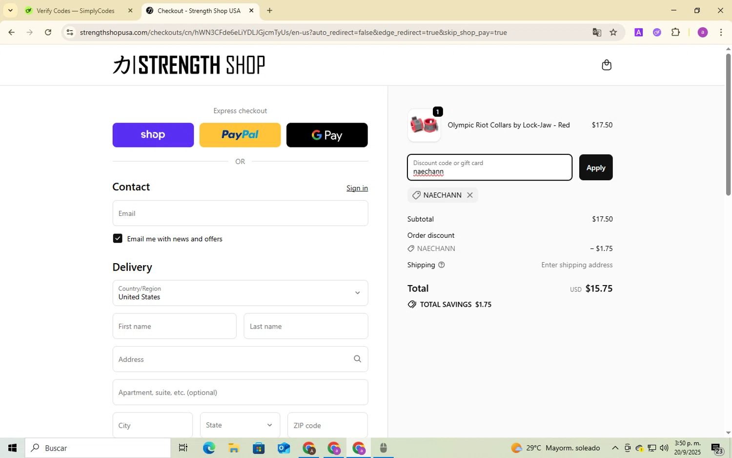 Strength Shop USA promo code screenshot showing code naechann applied at Strength Shop USA checkout page. Uploaded by SimplyCodes community member BukayoSaka on Sep 20, 2025