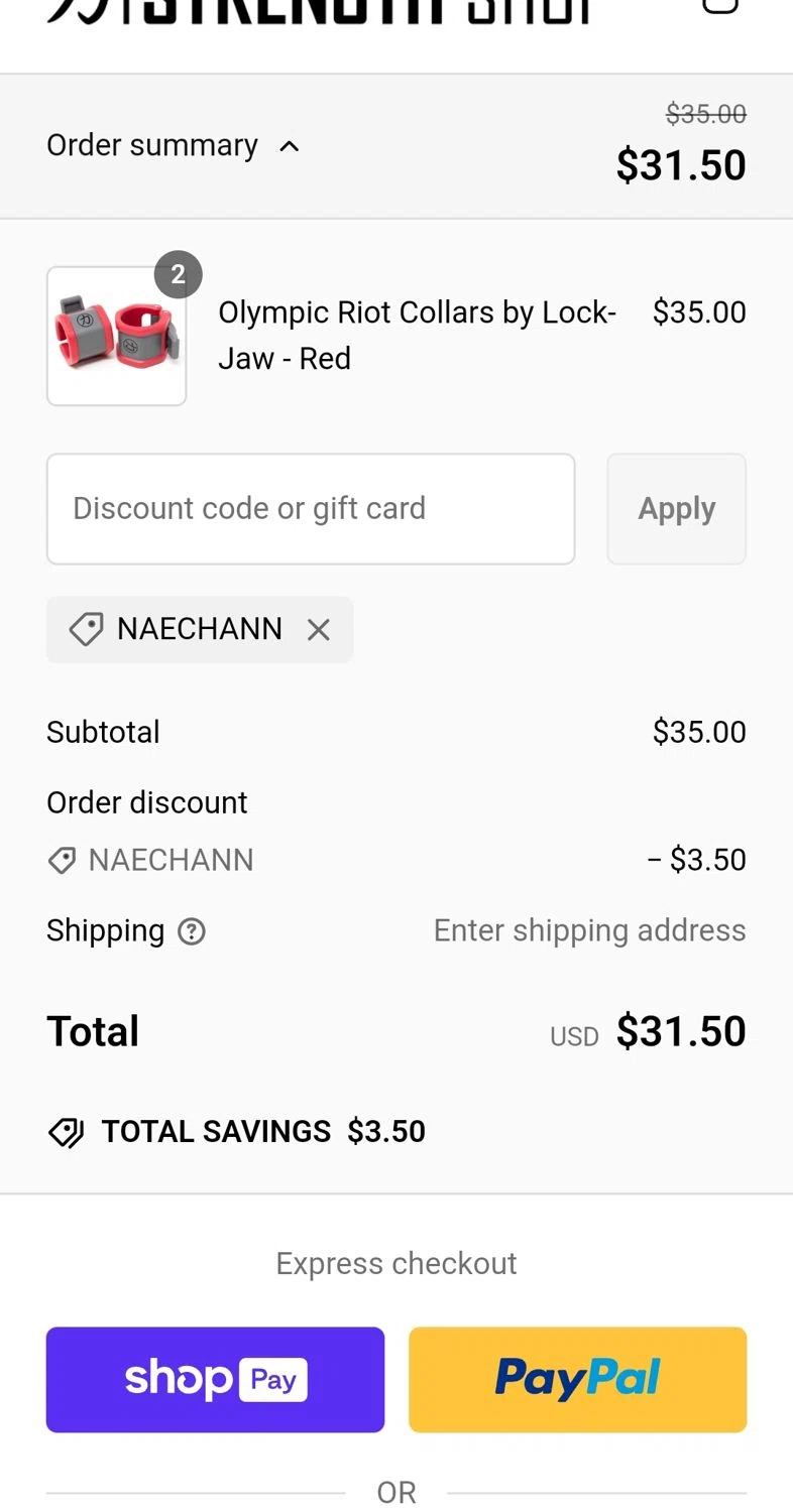 Strength Shop USA promo code screenshot showing code naechann applied at Strength Shop USA checkout page. Uploaded by SimplyCodes community member jhonaikellgonzalez on Feb 2, 2025