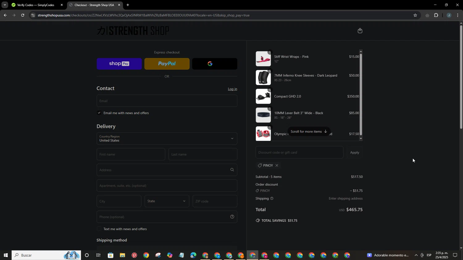 Strength Shop USA promo code screenshot showing code PINOY applied at Strength Shop USA checkout page. Uploaded by SimplyCodes community member BrilliantFox6031 on Apr 25, 2025