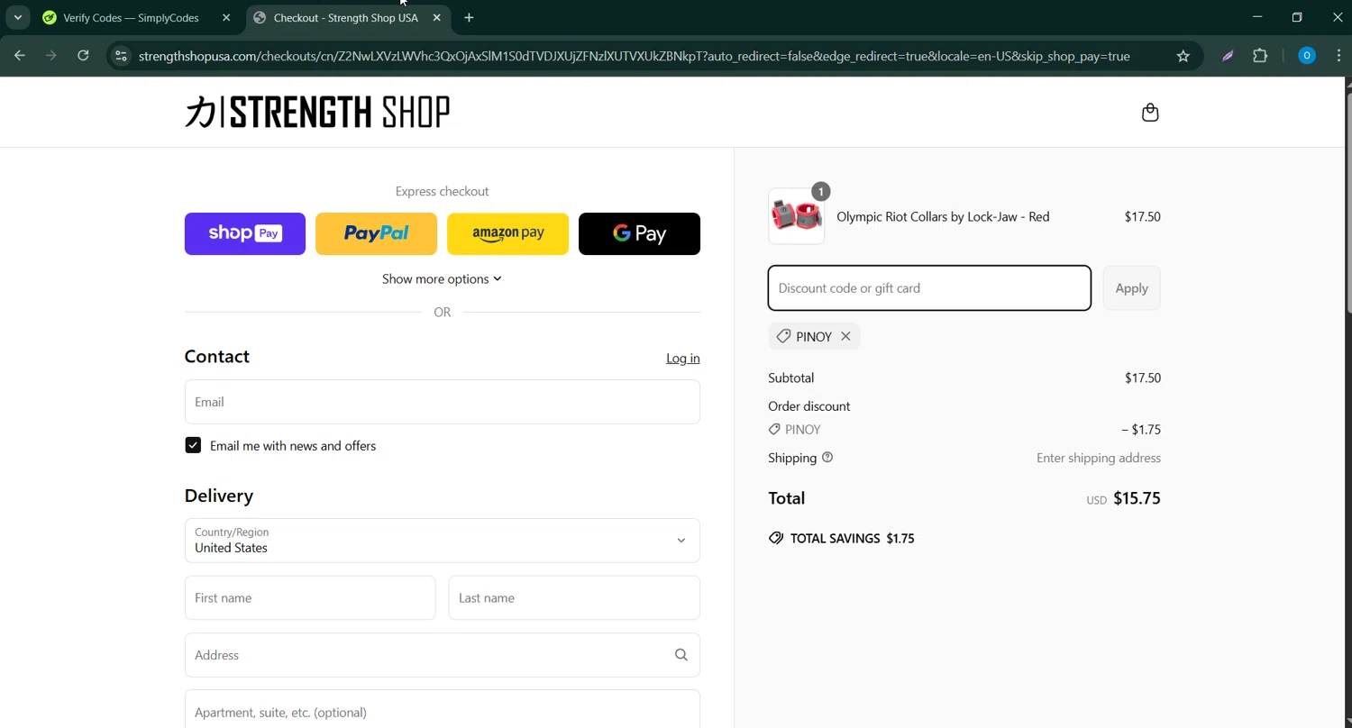 Strength Shop USA promo code screenshot showing code PINOY applied at Strength Shop USA checkout page. Uploaded by SimplyCodes community member RoyalSage9159 on Apr 18, 2025
