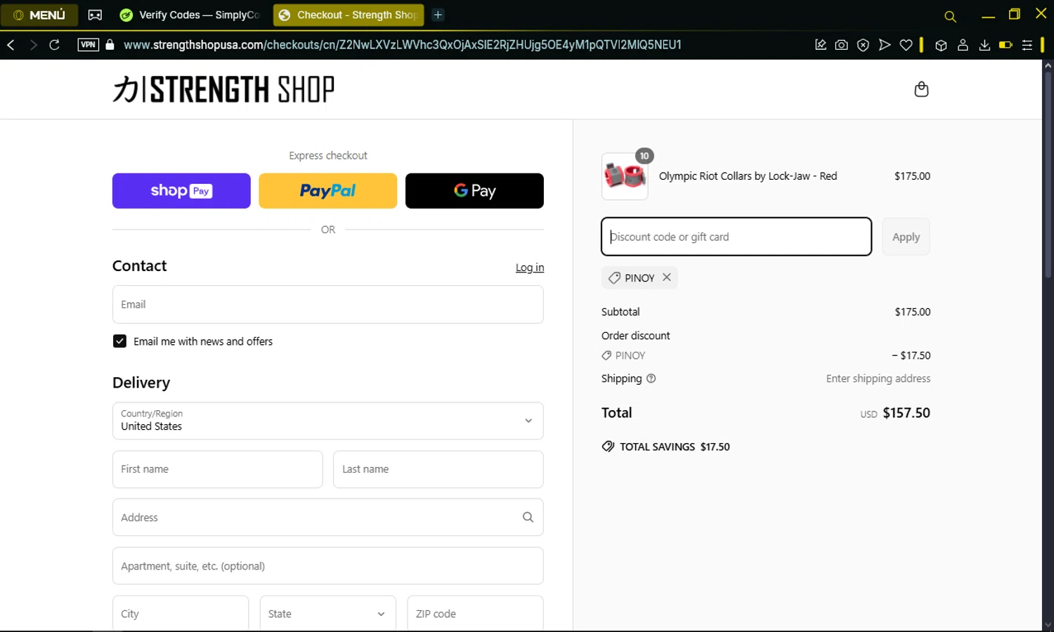 Strength Shop USA promo code screenshot showing code PINOY applied at Strength Shop USA checkout page. Uploaded by SimplyCodes community member omarelpollo on Mar 25, 2025