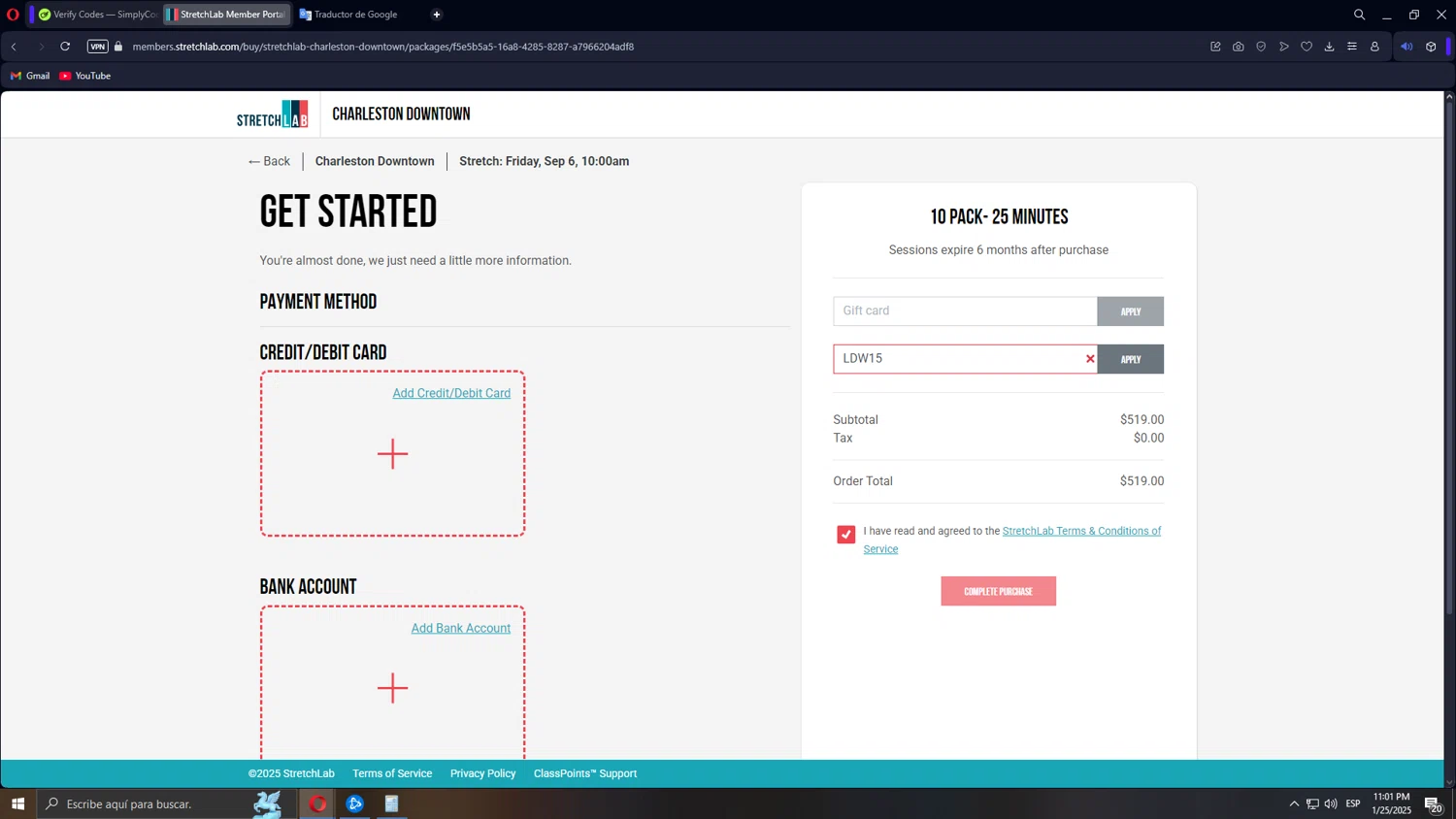 StretchLab promo code screenshot showing code LDW15 applied at StretchLab checkout page. Uploaded by SimplyCodes community member Tonikr8 on Jan 26, 2025