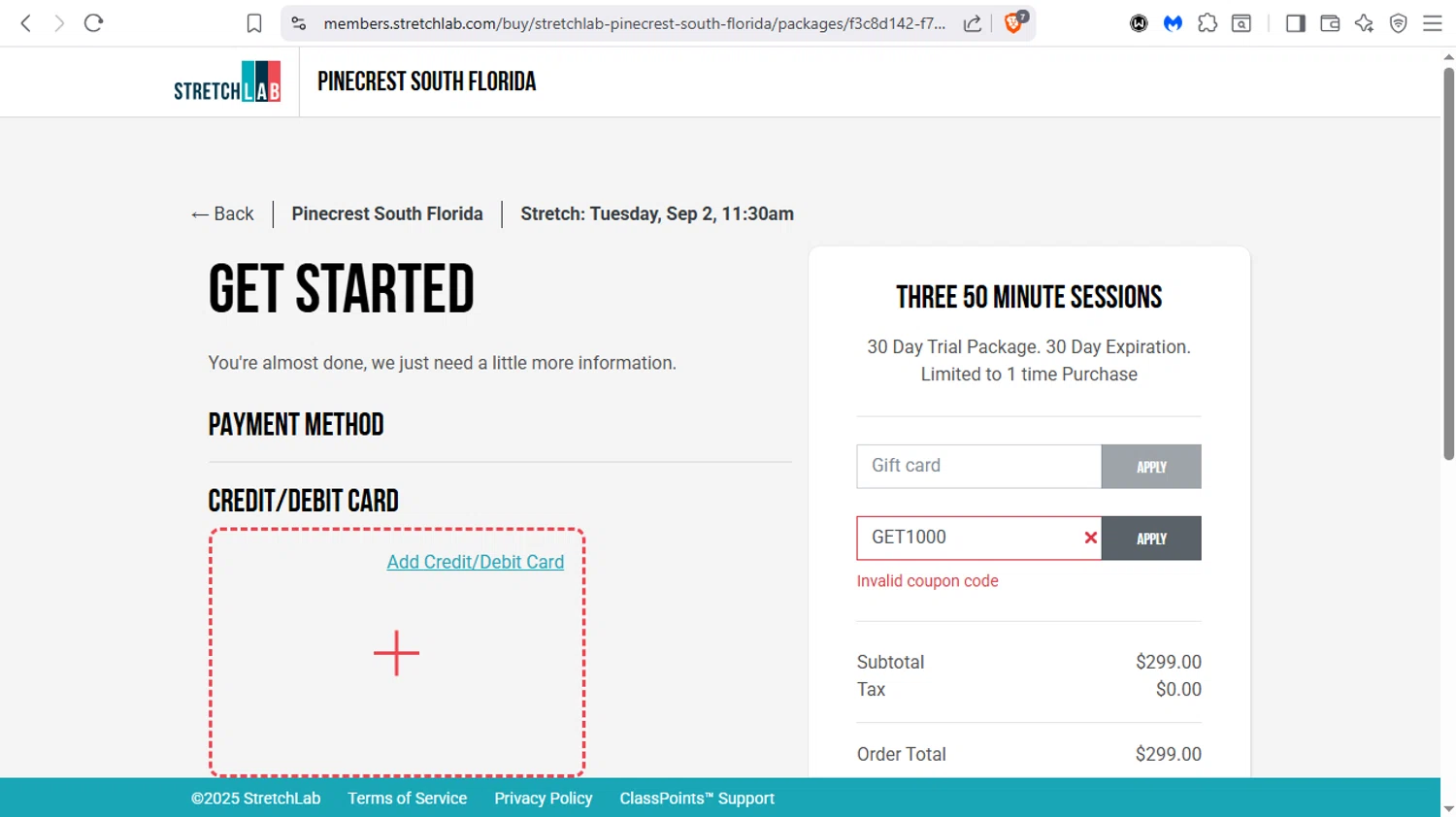 StretchLab promo code screenshot showing code GET1000 applied at StretchLab checkout page. Uploaded by SimplyCodes community member dayselis15 on Aug 29, 2025