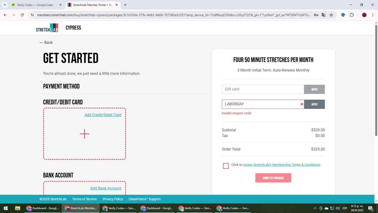 StretchLab promo code screenshot showing code LABORDAY applied at StretchLab checkout page. Uploaded by SimplyCodes community member MightyLegend6657 on Sep 20, 2025