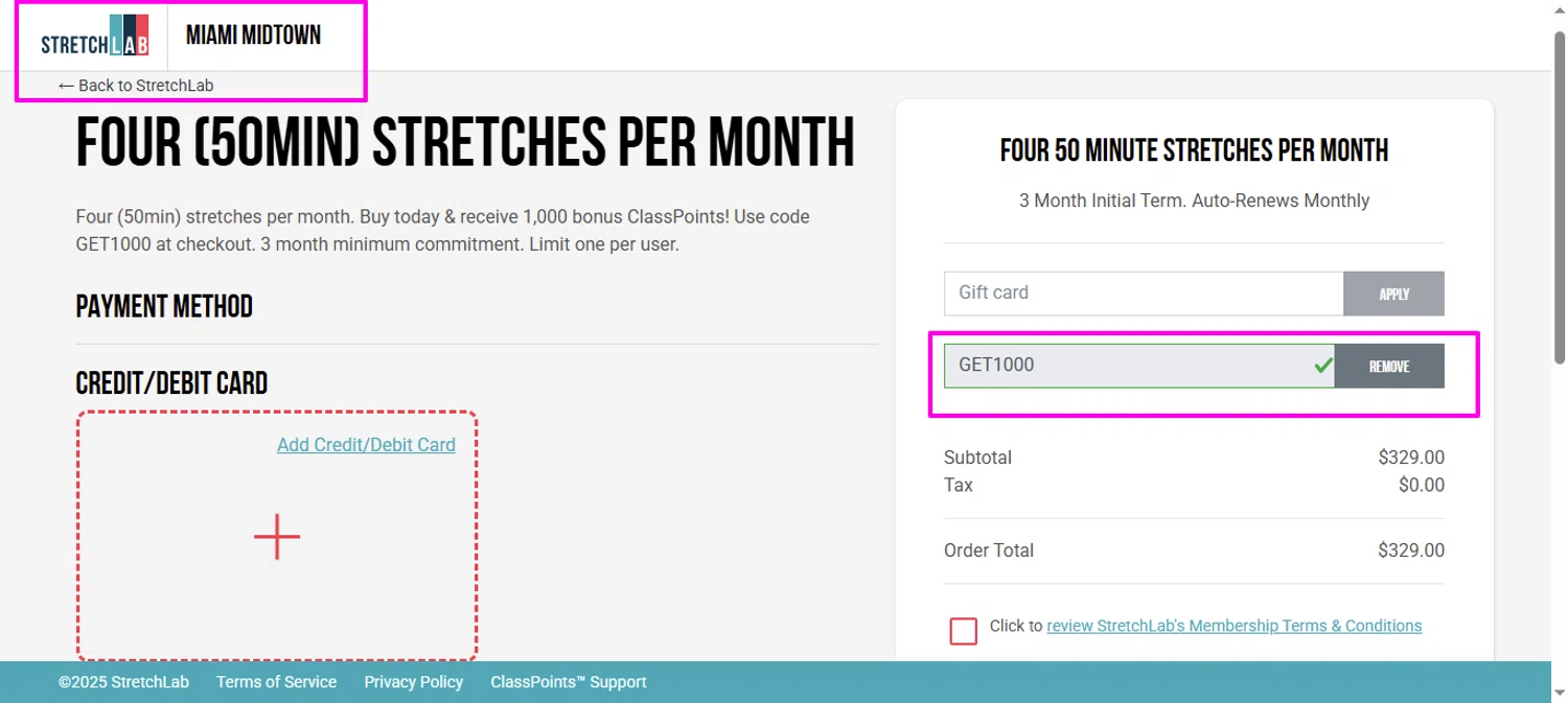 StretchLab promo code screenshot showing code GET1000 applied at StretchLab checkout page. Uploaded by SimplyCodes community member mrdarcy on Aug 29, 2025