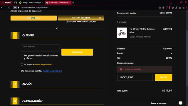 Strider Bikes checkout page showing Strider Bikes discount code box | Screenshot taken by SimplyCodes community member on Mar 15, 2025