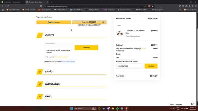 Strider Bikes checkout page showing Strider Bikes discount code box | Screenshot taken by SimplyCodes community member on May 9, 2025
