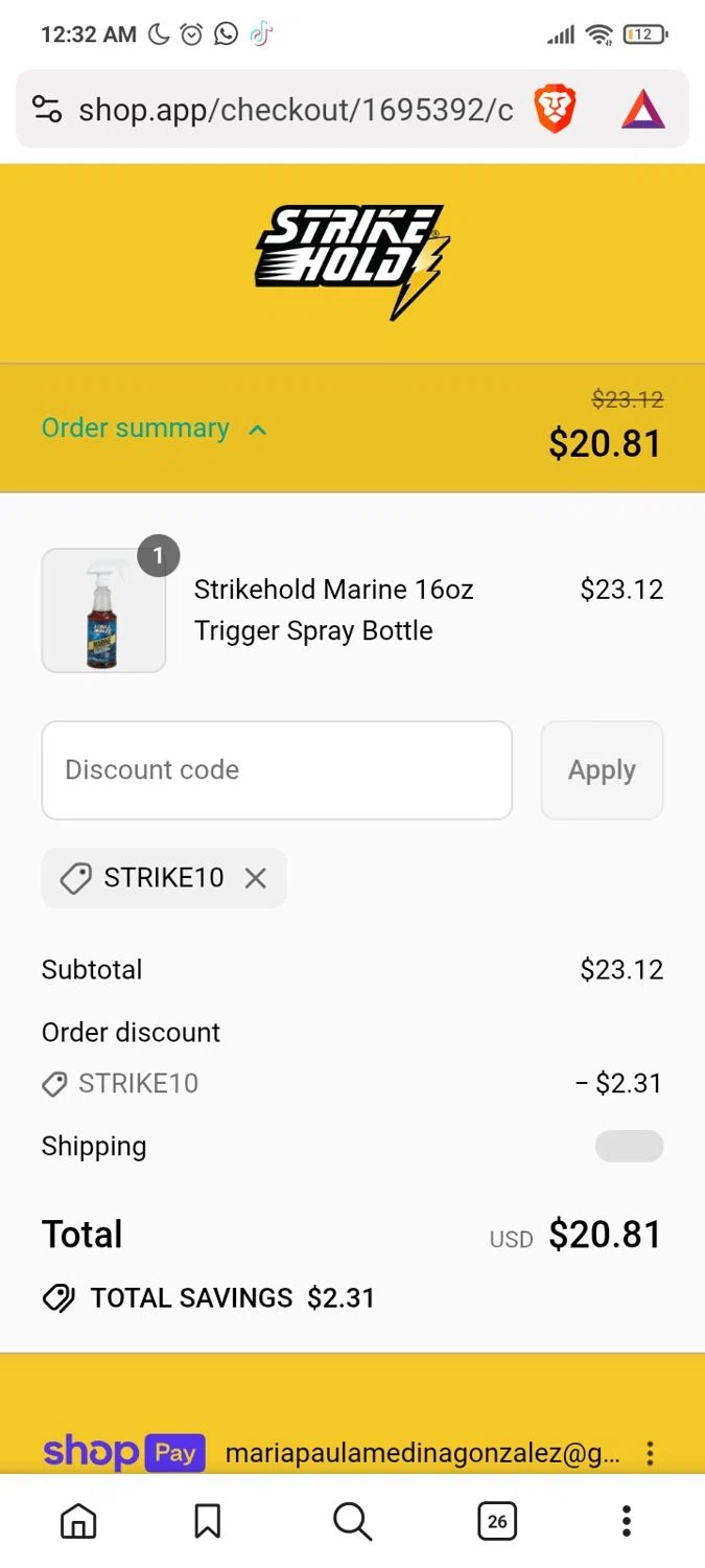 StrikeHold promo code screenshot showing code STRIKE10 applied at StrikeHold checkout page. Uploaded by SimplyCodes community member Yarialmys2020 on Aug 27, 2025