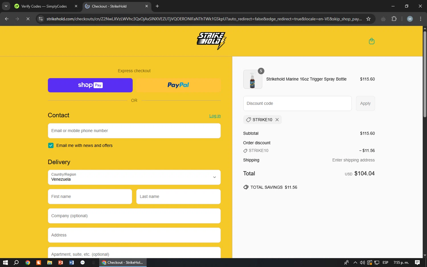 StrikeHold promo code screenshot showing code STRIKE10 applied at StrikeHold checkout page. Uploaded by SimplyCodes community member maraxo on Apr 27, 2025