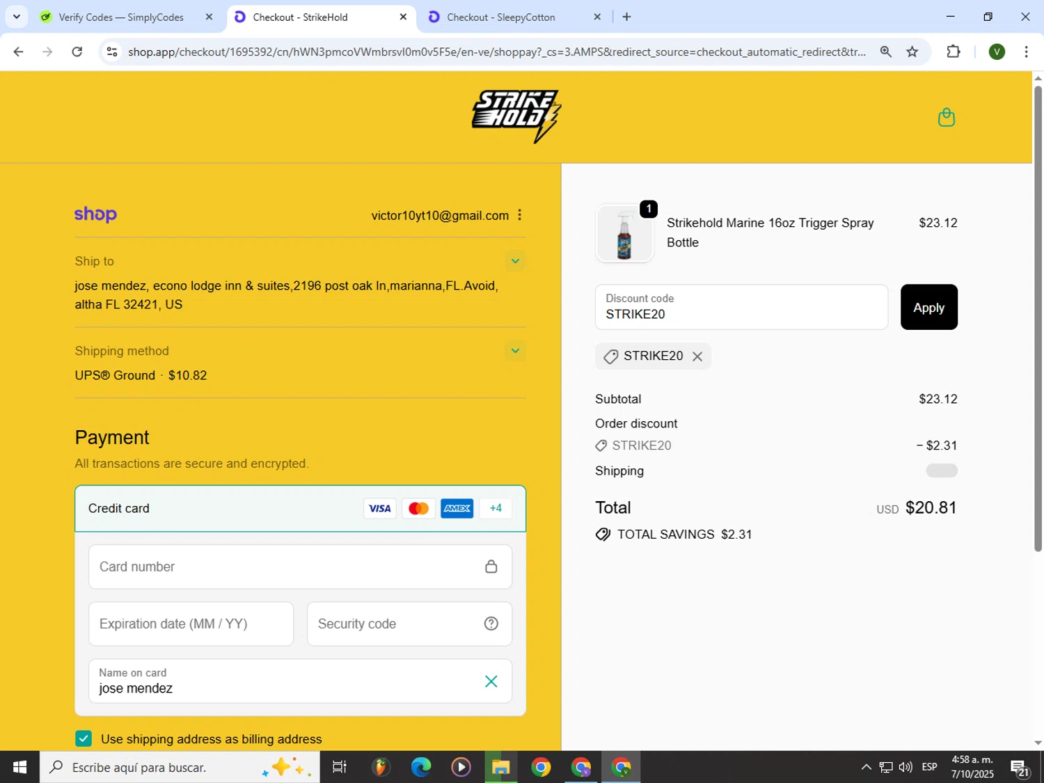StrikeHold promo code screenshot showing code STRIKE20 applied at StrikeHold checkout page. Uploaded by SimplyCodes community member PrimeWizard4168 on Oct 7, 2025