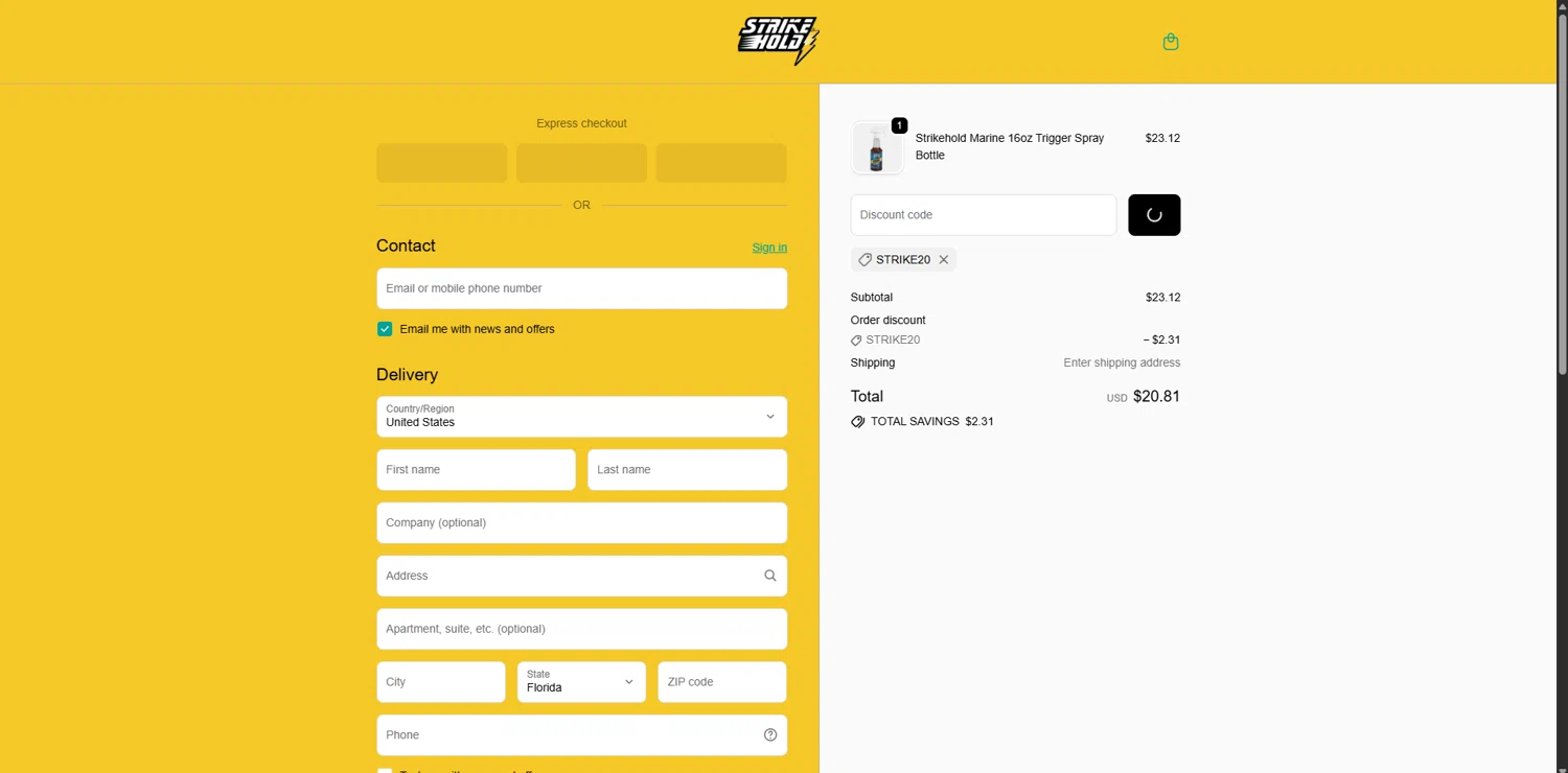 StrikeHold promo code screenshot showing code STRIKE20 applied at StrikeHold checkout page. Uploaded by SimplyCodes community member ValueGenius9720 on Oct 11, 2025