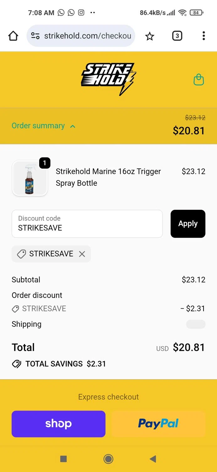 StrikeHold promo code screenshot showing code STRIKESAVE applied at StrikeHold checkout page. Uploaded by SimplyCodes community member Piolin on Nov 16, 2025