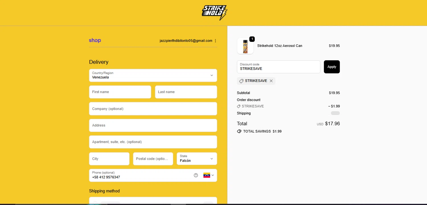 StrikeHold promo code screenshot showing code STRIKESAVE applied at StrikeHold checkout page. Uploaded by SimplyCodes community member RebatePilot8693 on Nov 13, 2025