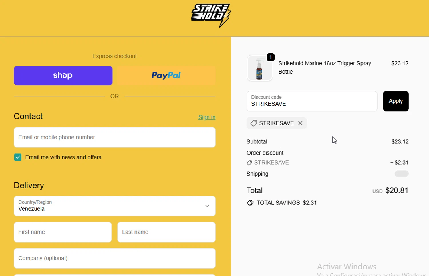 StrikeHold promo code screenshot showing code STRIKESAVE applied at StrikeHold checkout page. Uploaded by SimplyCodes community member ligthYA on Dec 4, 2025