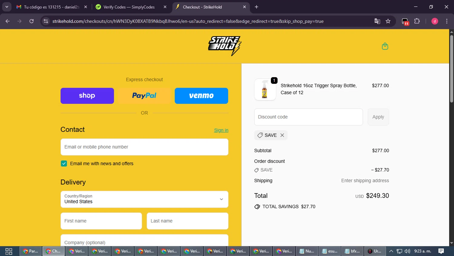 StrikeHold promo code screenshot showing code SAVE applied at StrikeHold checkout page. Uploaded by SimplyCodes community member MagnificentSpotter4236 on Sep 21, 2025