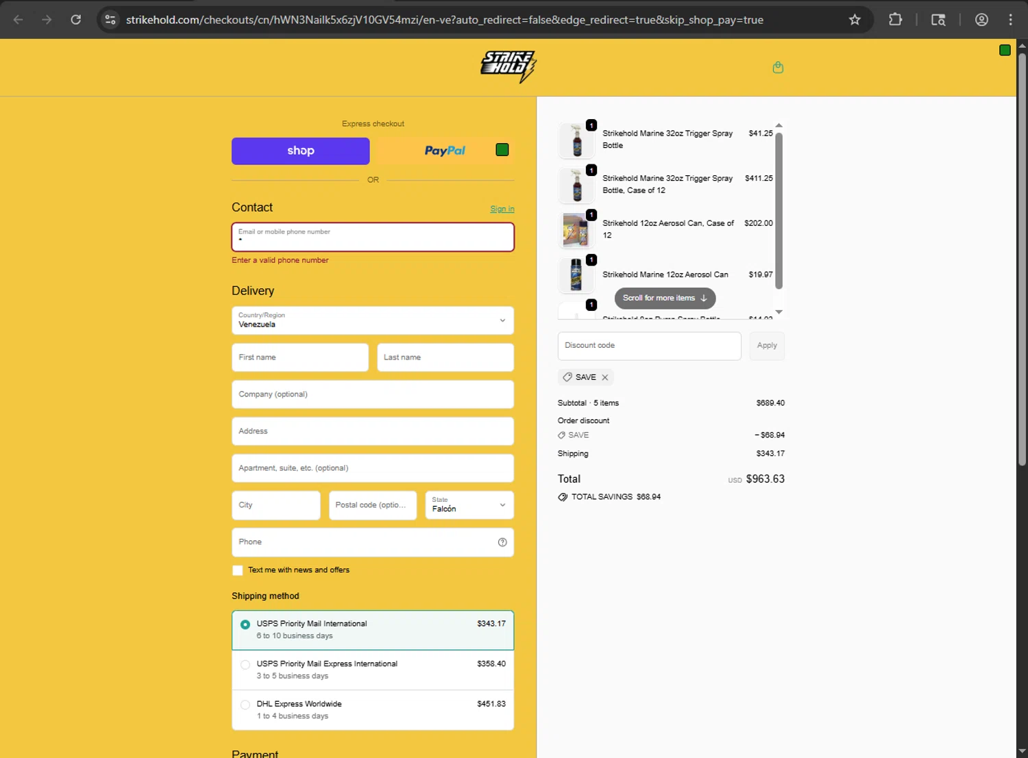 StrikeHold promo code screenshot showing code SAVE applied at StrikeHold checkout page. Uploaded by SimplyCodes community member RINITOSHI on Sep 25, 2025