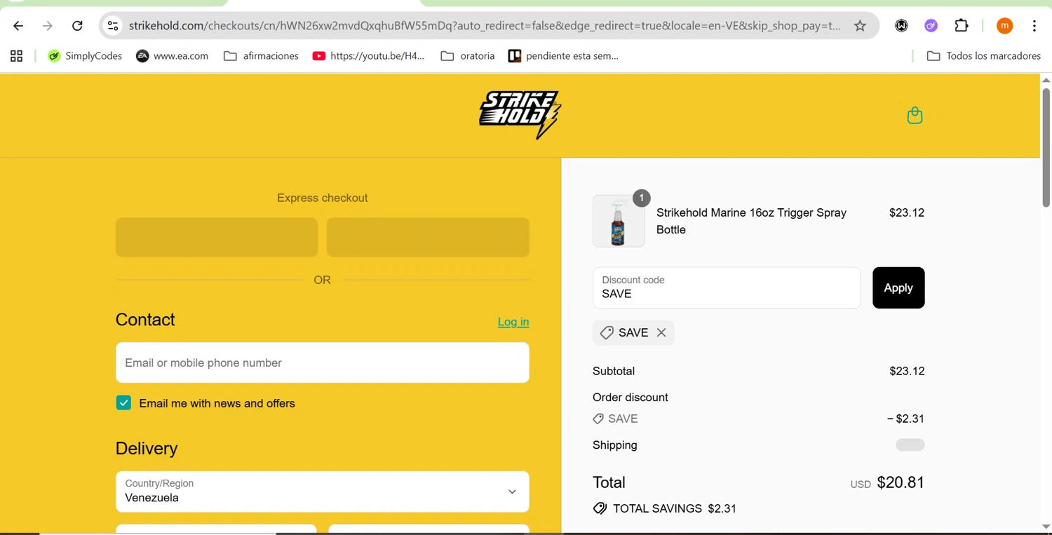 StrikeHold promo code screenshot showing code SAVE applied at StrikeHold checkout page. Uploaded by SimplyCodes community member ROIS28 on Aug 22, 2025