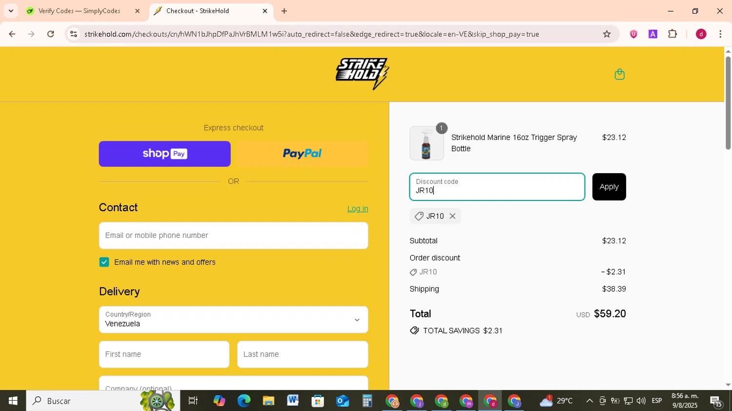 StrikeHold promo code screenshot showing code JR10 applied at StrikeHold checkout page. Uploaded by SimplyCodes community member FrugalMonarch7277 on Aug 9, 2025