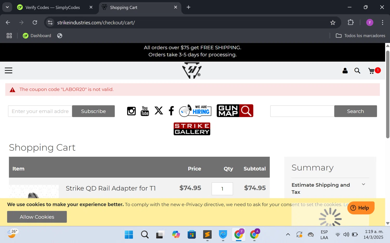 Strike Industries discount code screenshot showing code LABOR20 applied at Strike Industries checkout page. Uploaded by SimplyCodes community member FrugalKnight6753 on Mar 14, 2025