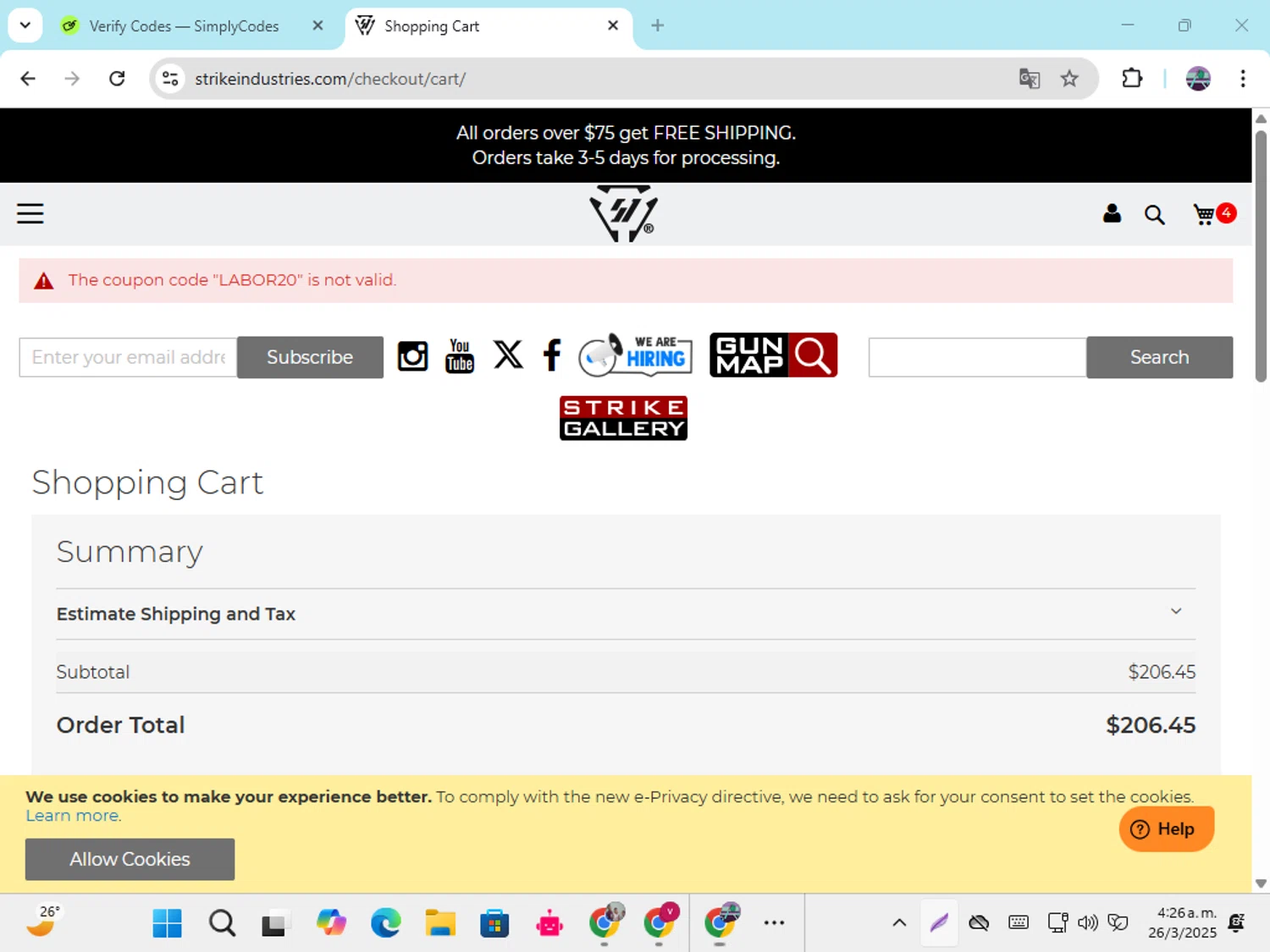 Strike Industries discount code screenshot showing code LABOR20 applied at Strike Industries checkout page. Uploaded by SimplyCodes community member DiscountGenius6081 on Mar 26, 2025