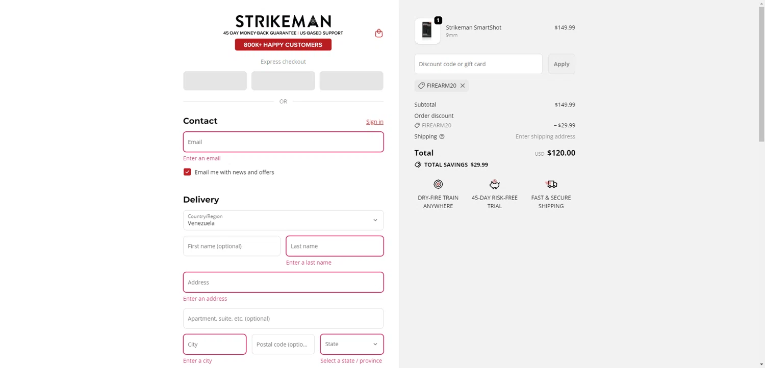 Strikeman discount code screenshot showing code FIREARM20 applied at Strikeman checkout page. Uploaded by SimplyCodes community member CrownWhiz8114 on Nov 23, 2025