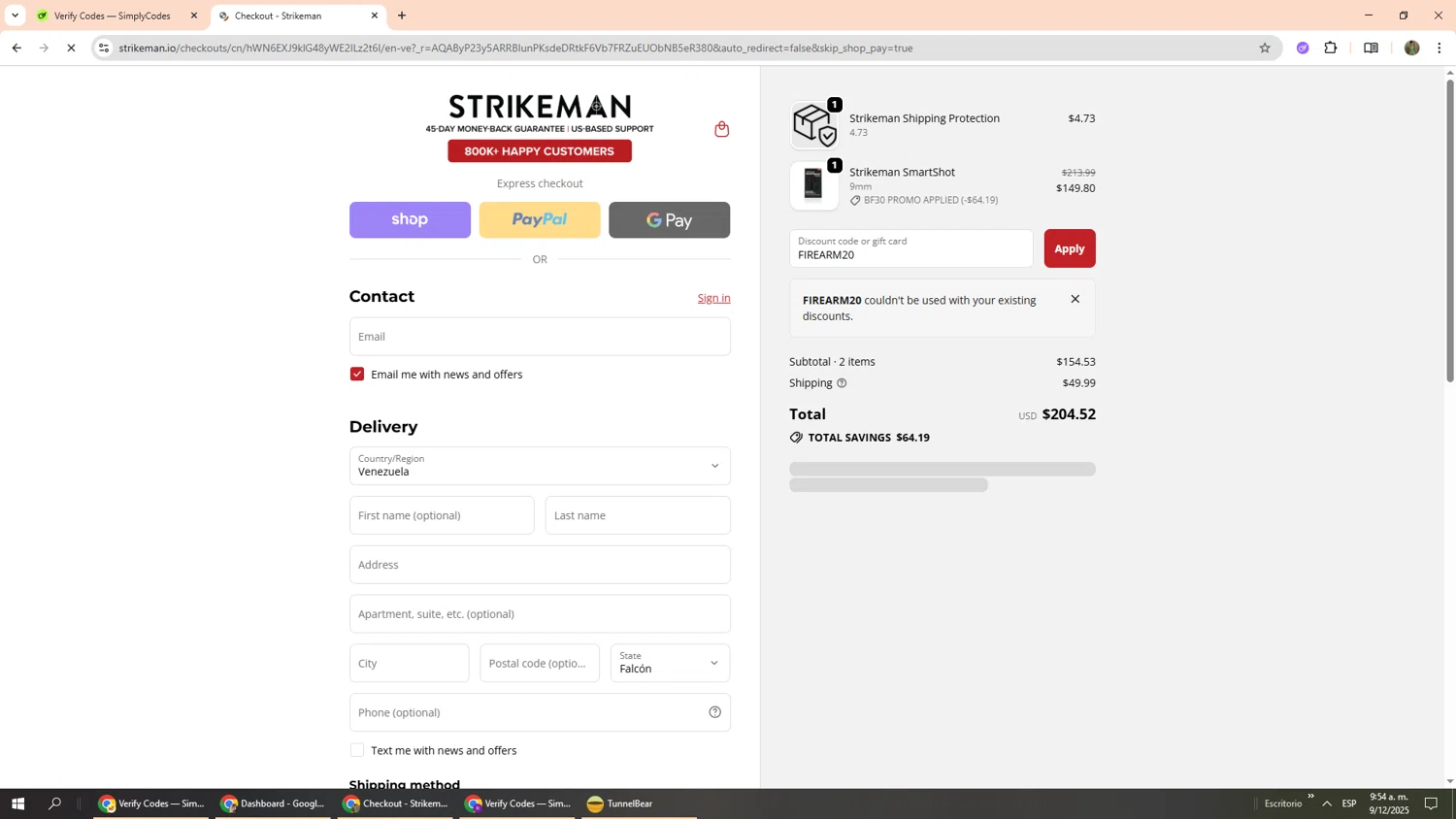 Strikeman discount code screenshot showing code FIREARM20 applied at Strikeman checkout page. Uploaded by SimplyCodes community member Phoenix585 on Dec 9, 2025