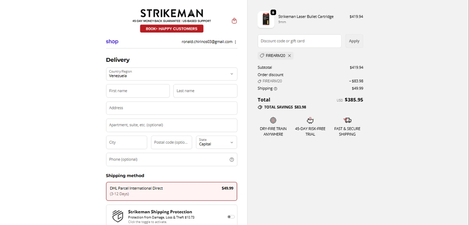 Strikeman discount code screenshot showing code FIREARM20 applied at Strikeman checkout page. Uploaded by SimplyCodes community member Ronita_832988044 on Oct 26, 2025