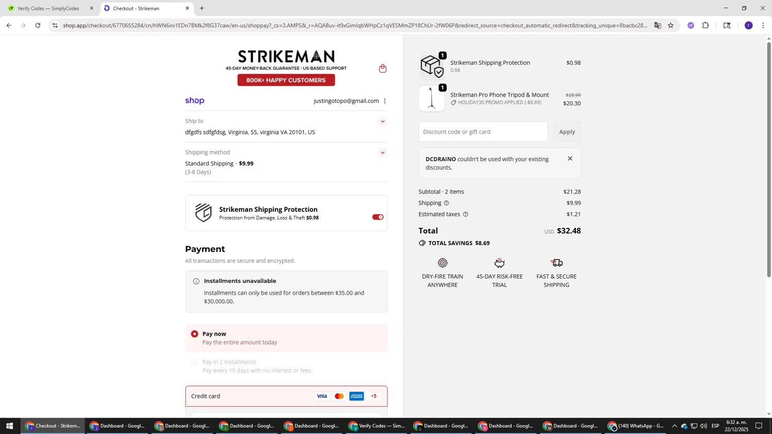 Strikeman discount code screenshot showing code DCDRAINO applied at Strikeman checkout page. Uploaded by SimplyCodes community member AberthGotopo on Dec 22, 2025