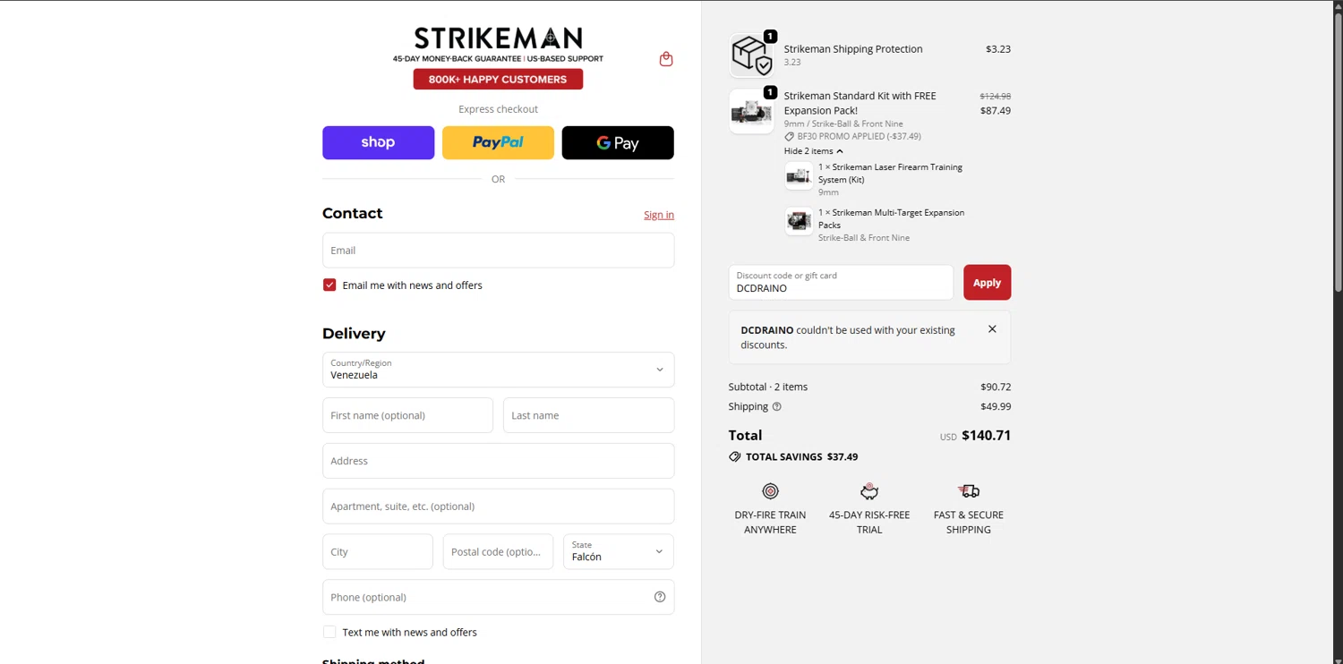 Strikeman discount code screenshot showing code DCDRAINO applied at Strikeman checkout page. Uploaded by SimplyCodes community member RewardPhoenix3732 on Dec 15, 2025