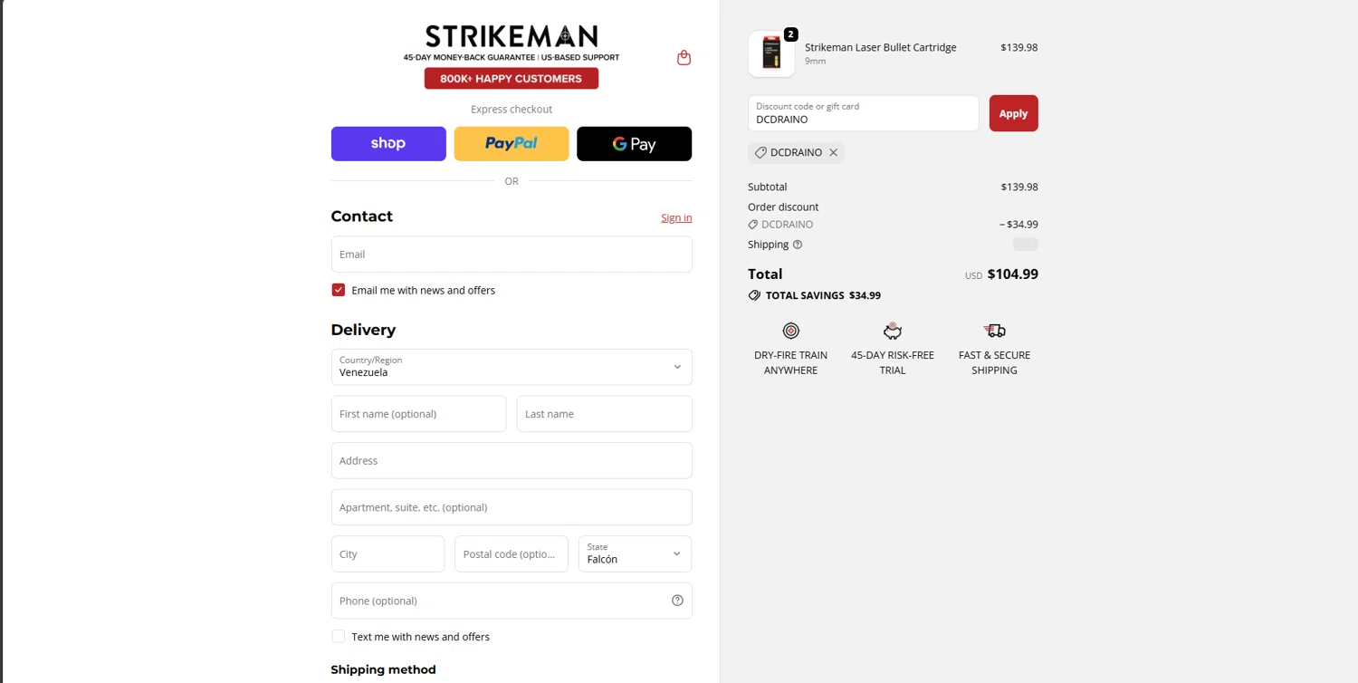 Strikeman discount code screenshot showing code DCDRAINO applied at Strikeman checkout page. Uploaded by SimplyCodes community member Underaiki on Oct 26, 2025