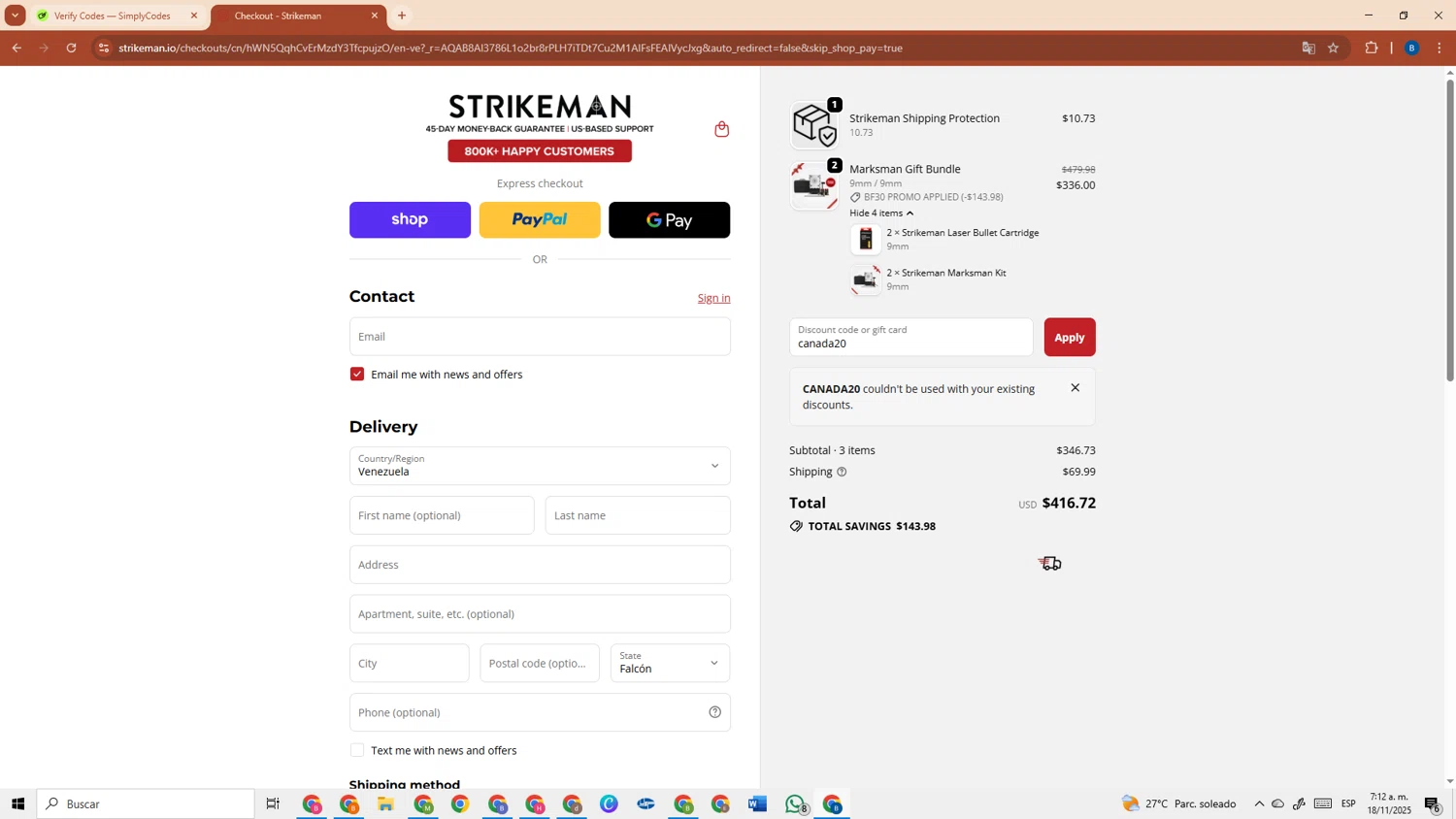 Strikeman discount code screenshot showing code canada20 applied at Strikeman checkout page. Uploaded by SimplyCodes community member DiscountRanger3690 on Nov 18, 2025