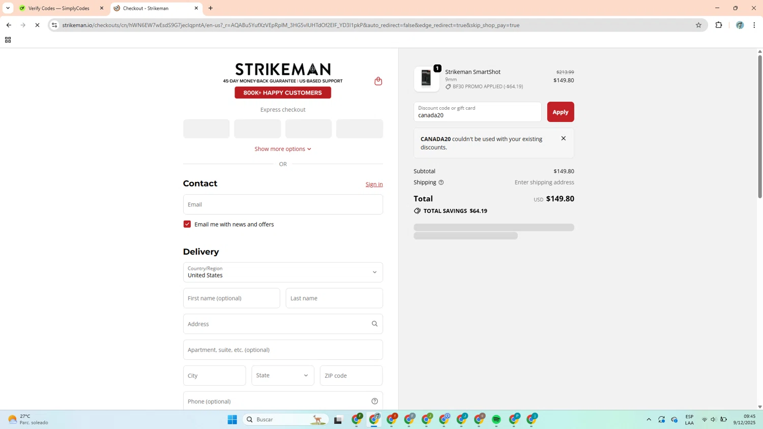 Strikeman discount code screenshot showing code canada20 applied at Strikeman checkout page. Uploaded by SimplyCodes community member TRITON on Dec 9, 2025