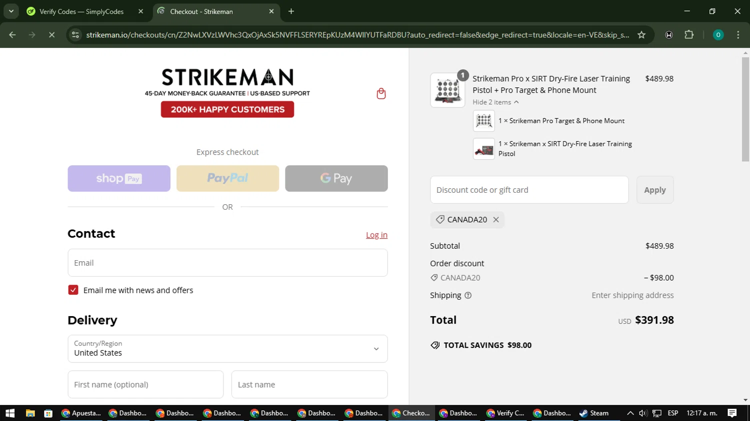 Strikeman discount code screenshot showing code canada20 applied at Strikeman checkout page. Uploaded by SimplyCodes community member LuckyDefender9428 on Mar 6, 2025