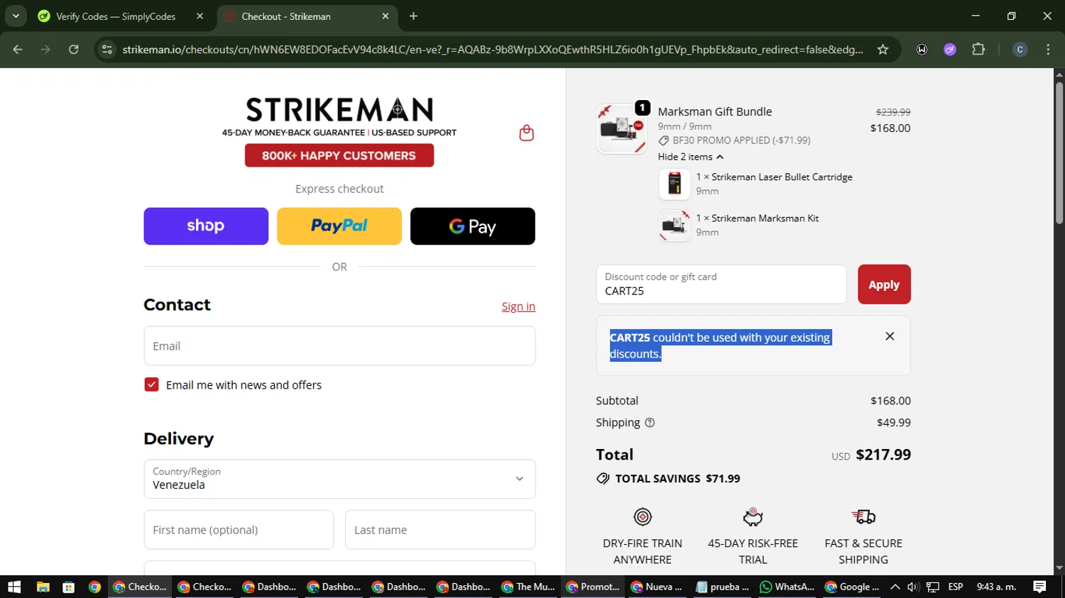 Strikeman discount code screenshot showing code CART25 applied at Strikeman checkout page. Uploaded by SimplyCodes community member Nata_Montana on Dec 9, 2025
