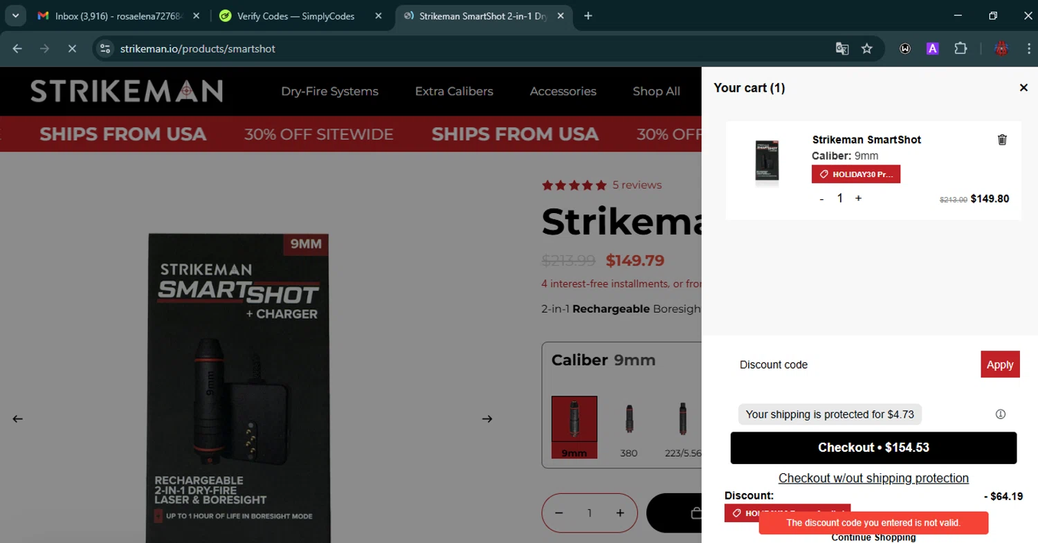 Strikeman discount code screenshot showing code CART25 applied at Strikeman checkout page. Uploaded by SimplyCodes community member VoucherHero6322 on Dec 22, 2025