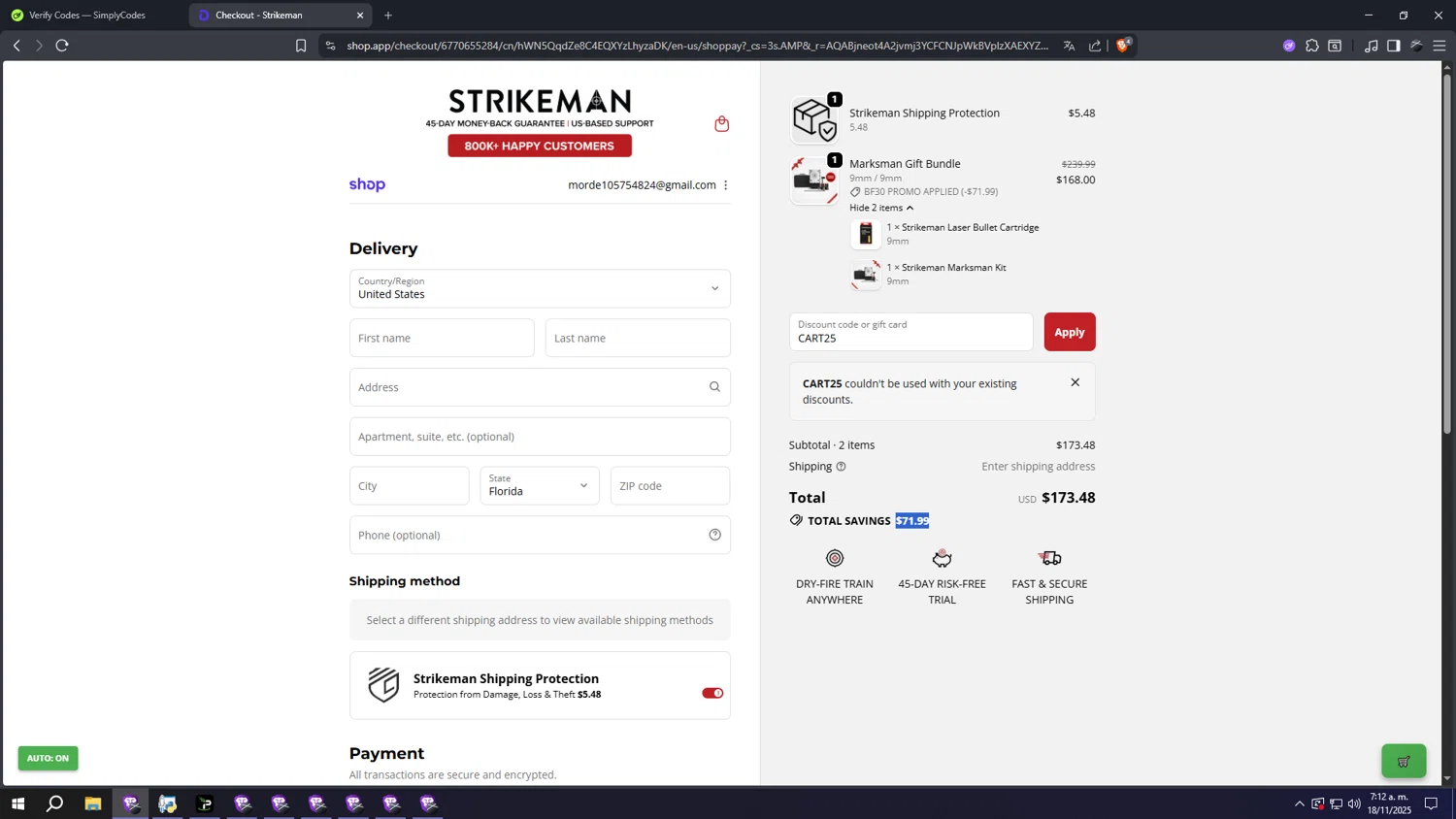 Strikeman discount code screenshot showing code CART25 applied at Strikeman checkout page. Uploaded by SimplyCodes community member aaaaaaaaaaaaaaaa on Nov 18, 2025