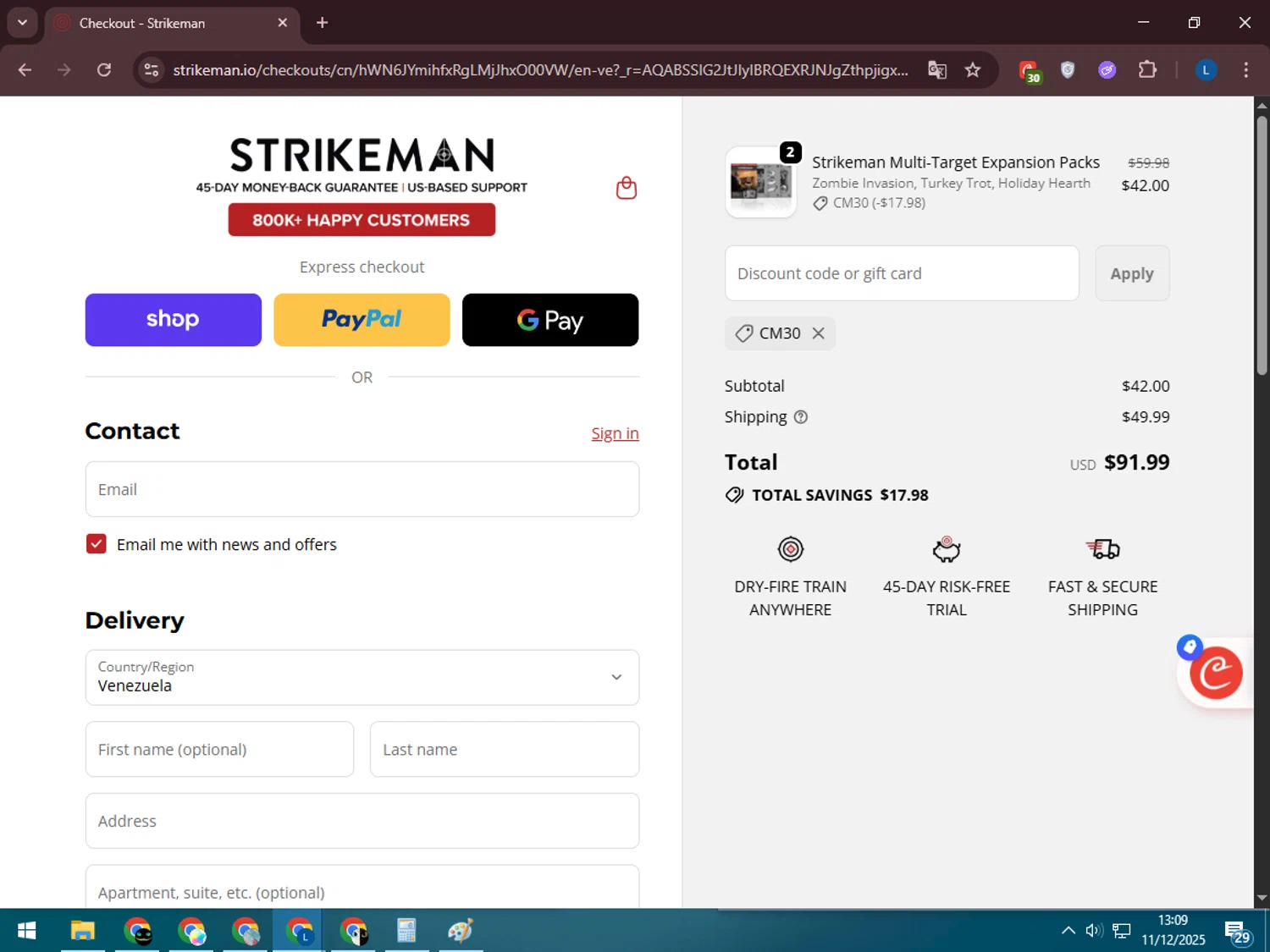 Strikeman discount code screenshot showing code CM30 applied at Strikeman checkout page. Uploaded by SimplyCodes community member LegendaryLegend5536 on Dec 11, 2025