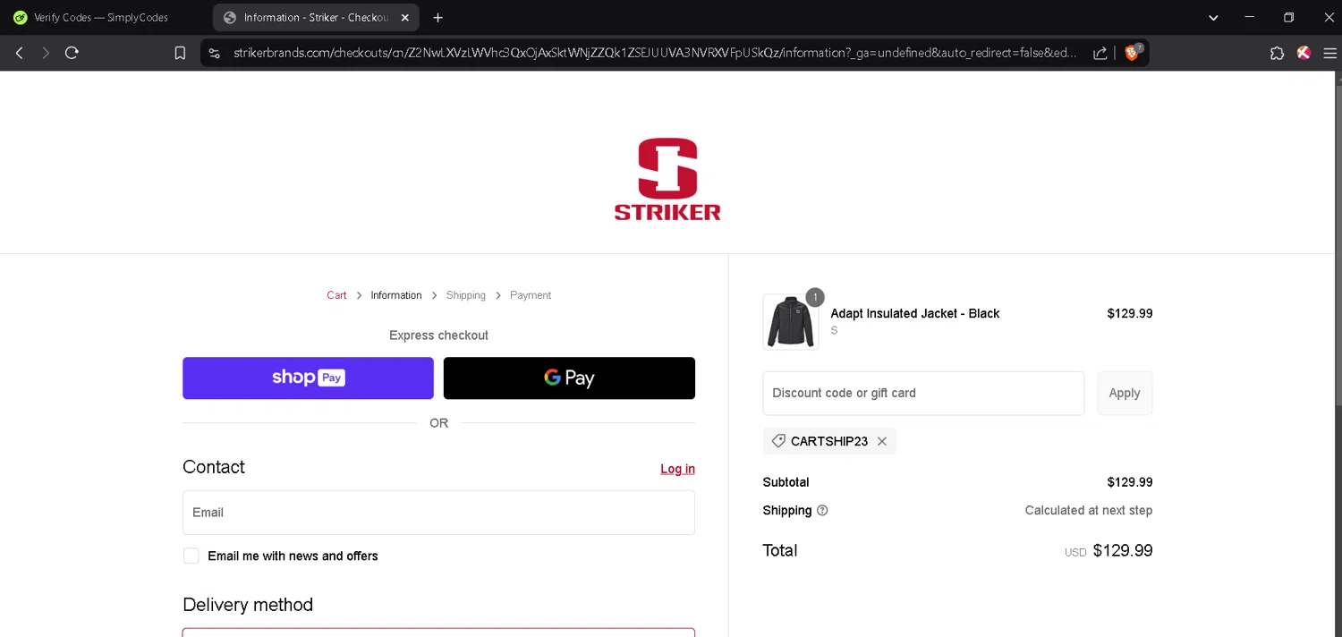 Striker Brands discount code screenshot showing code CARTSHIP23 applied at Striker Brands checkout page. Uploaded by SimplyCodes community member JosephStevens774 on Feb 11, 2025