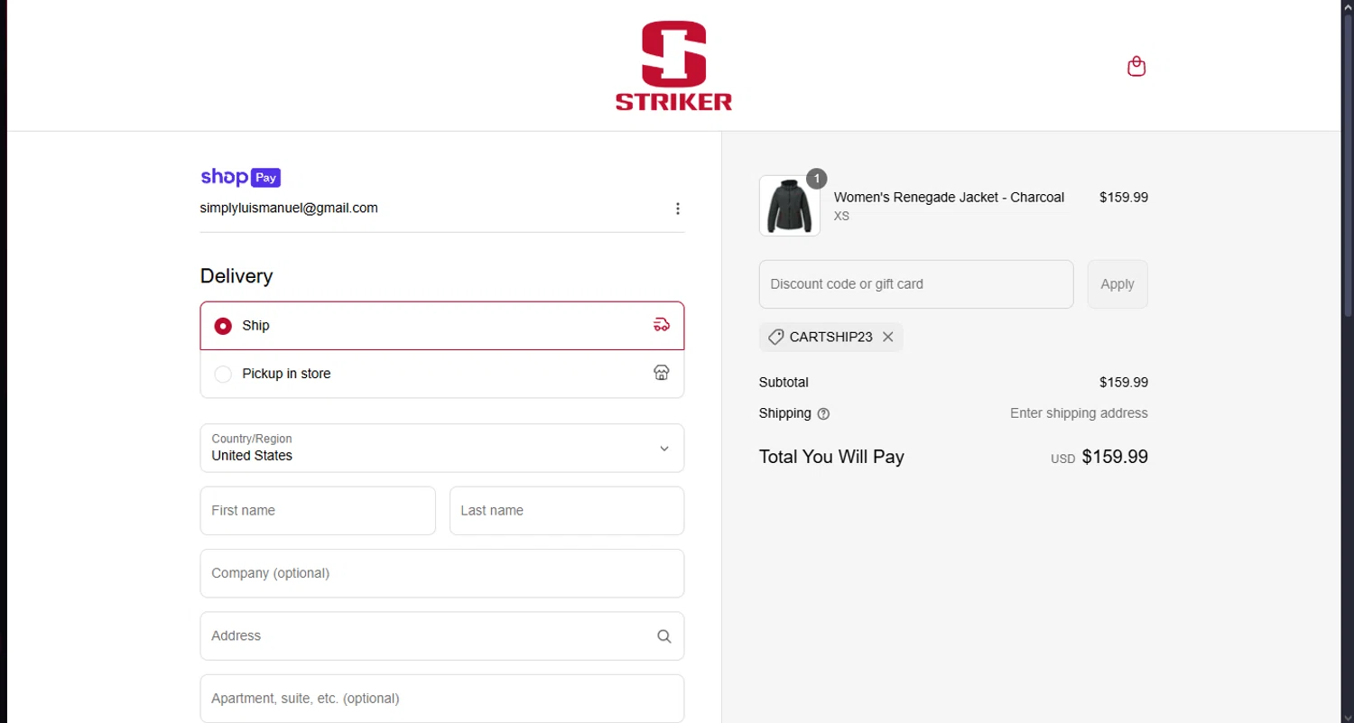 Striker Brands discount code screenshot showing code CARTSHIP23 applied at Striker Brands checkout page. Uploaded by SimplyCodes community member MoneyScout2554 on Jul 10, 2025
