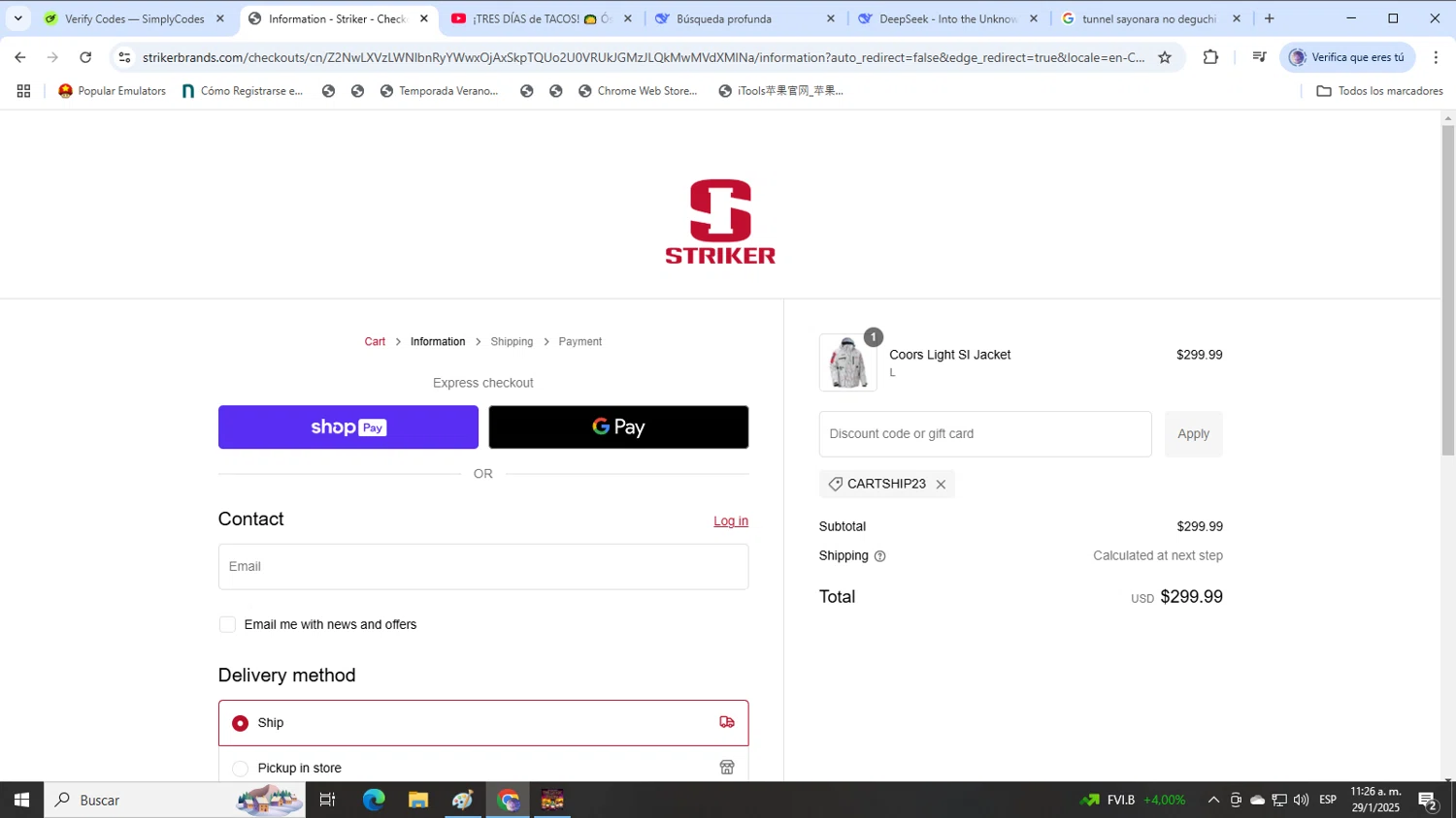 Striker Brands discount code screenshot showing code CARTSHIP23 applied at Striker Brands checkout page. Uploaded by SimplyCodes community member DealLynx6506 on Jan 29, 2025