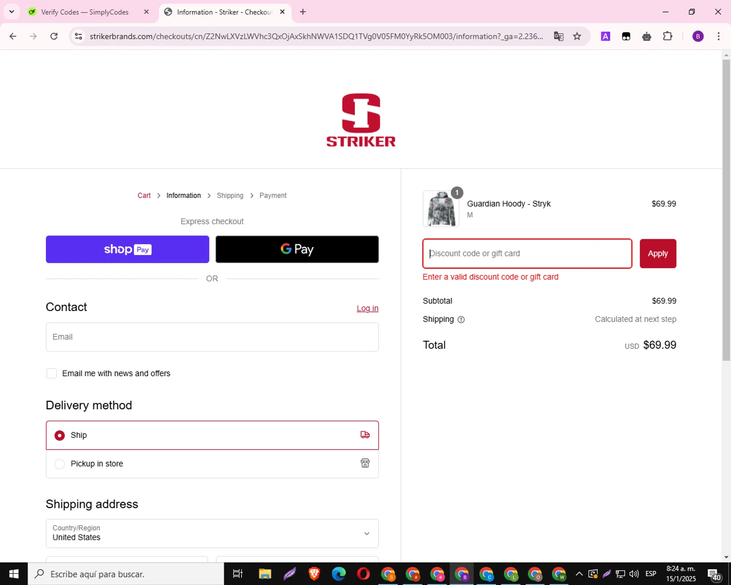 Striker Brands discount code screenshot showing code ICE20 applied at Striker Brands checkout page. Uploaded by SimplyCodes community member RebateAdmiral6687 on Jan 15, 2025